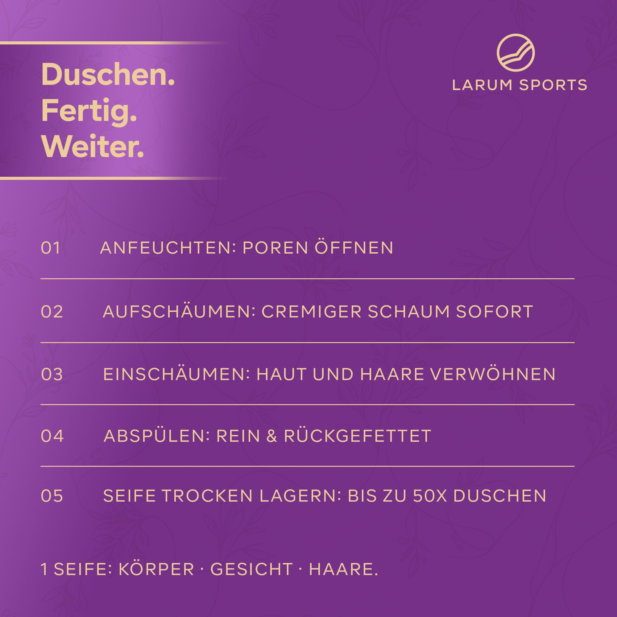 larum sports feste Duschseife Frauen 3 in 1, Lavendel, 10x 85 g | Festes Shampoo, Seife Stück, 3 in 1 Haare Körper Gesicht, Naturseife, vegane Körperseife, festes Duschgel