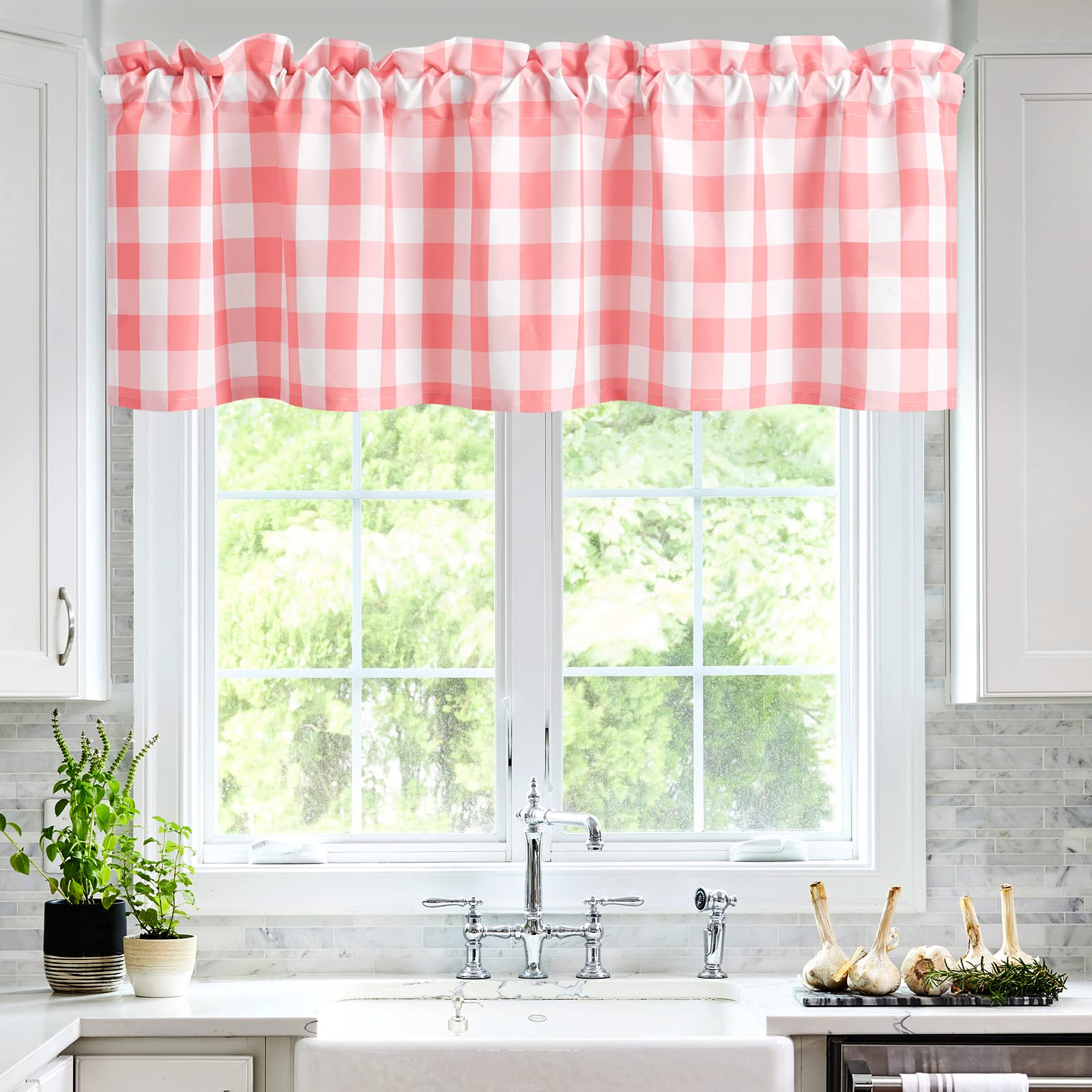 HiasanBuffalo Plaid Curtains Valances for Windows - Semi Sheer Checkered Rod Pocket Valance for Living Room, Farmhouse, Bedroom, 60 x 18 Inches Length, Pink and White, 1 Panel