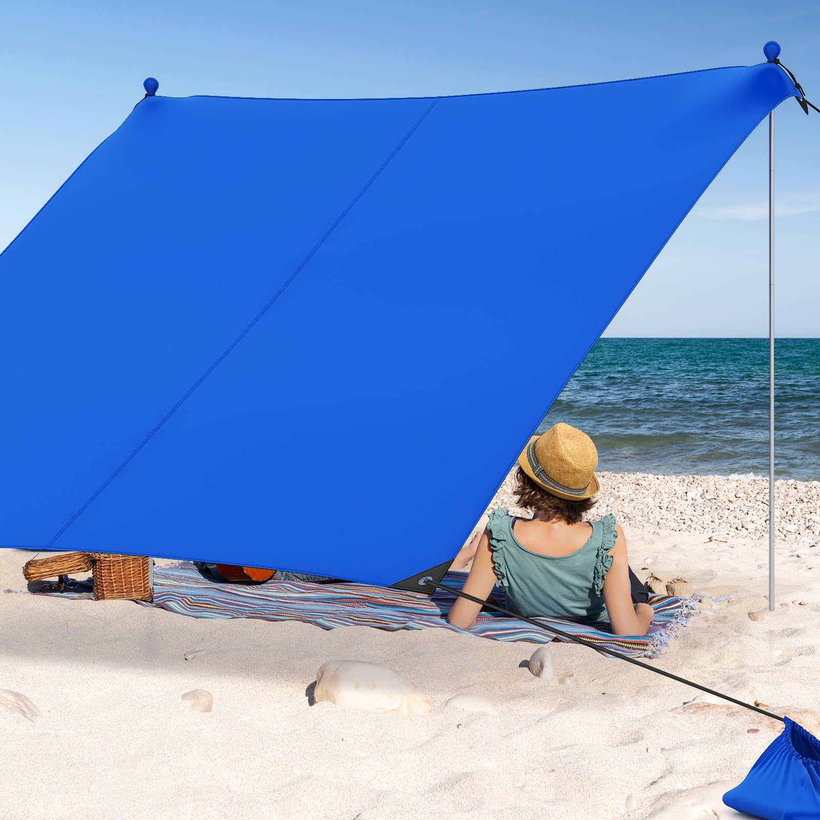 COSTWAY Namiot plażowy 300 x 300 cm, UPF 50+, namiot słoneczny z kotwami do piasku, workami na piasek i 2 drążkami podporowymi, przenośna ochrona przed słońcem, dach przeciwsłoneczny na plażę