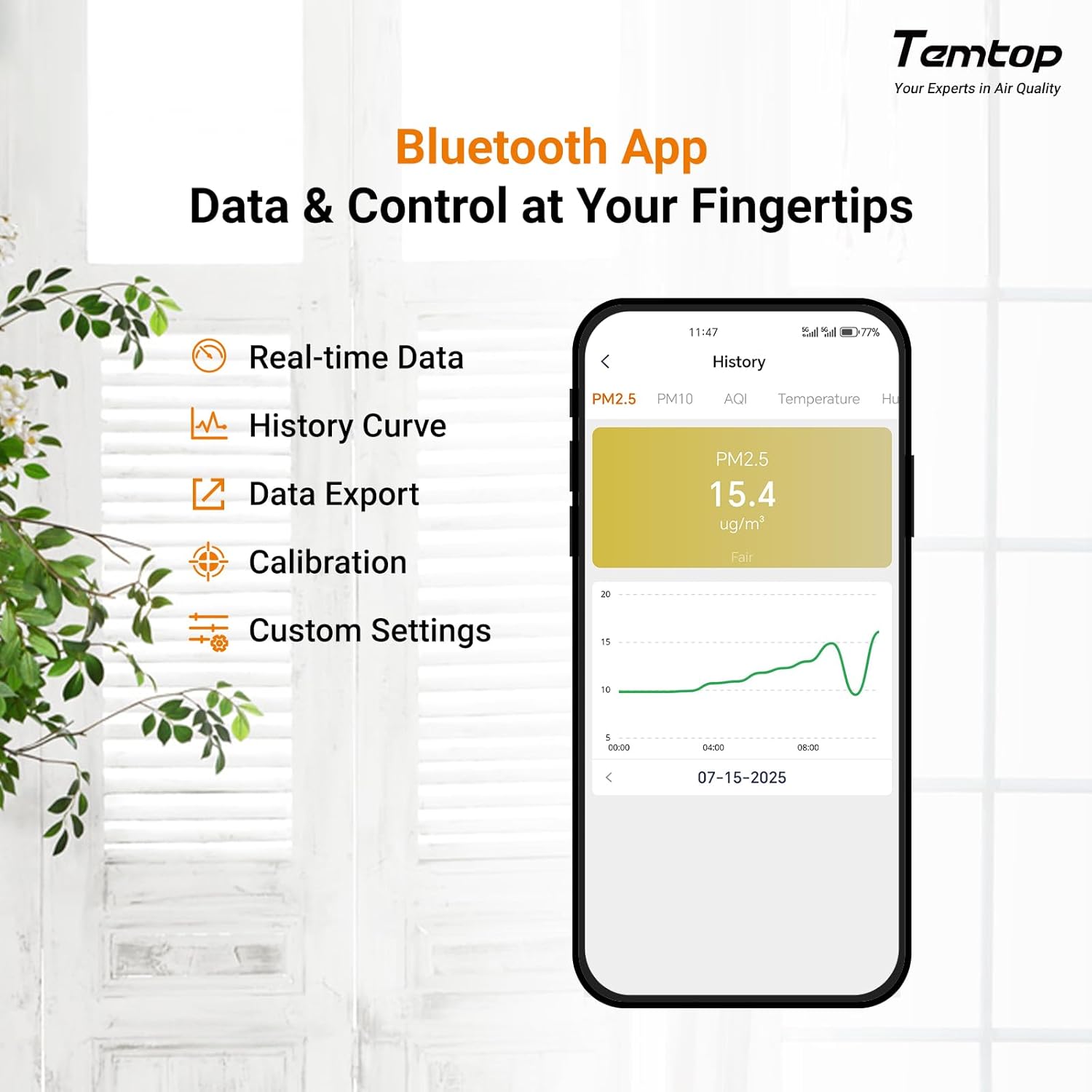 Temtop P1 Air Quality Monitor, PM2.5/PM10/Temperature/Humidity Sensor with Bluetooth App, AQI Tracking & Portable Design for Home, Office, Car, and Travel Use