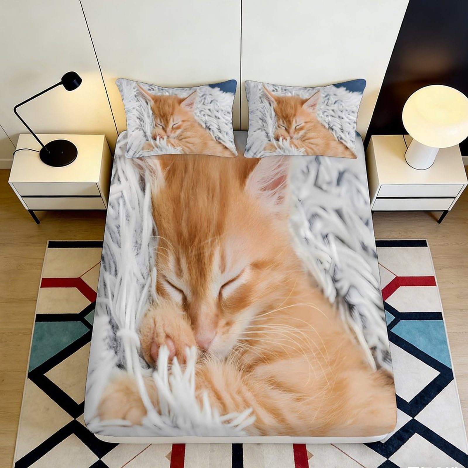 3D Printed Ginger Cat Fitted Sheet, Soft Touch Microfiber, Wrinkle Resistant, Bedroom Decor, Guest Room Bedding, Dustproof Bed Cover 180x200x25cm