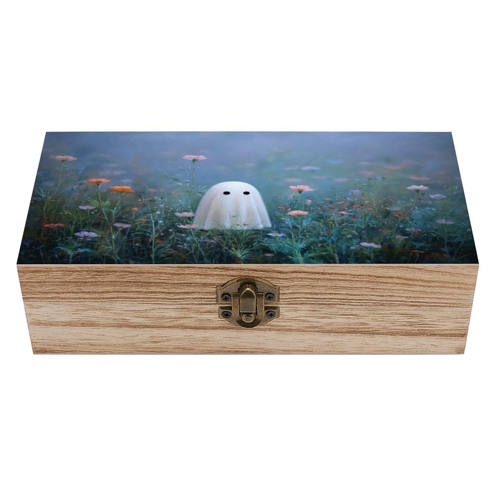 Ahdyr Cute Ghost in Flower Field Wooden Storage Box with Hinged Lid And Front Clasp Large Keepsake Box