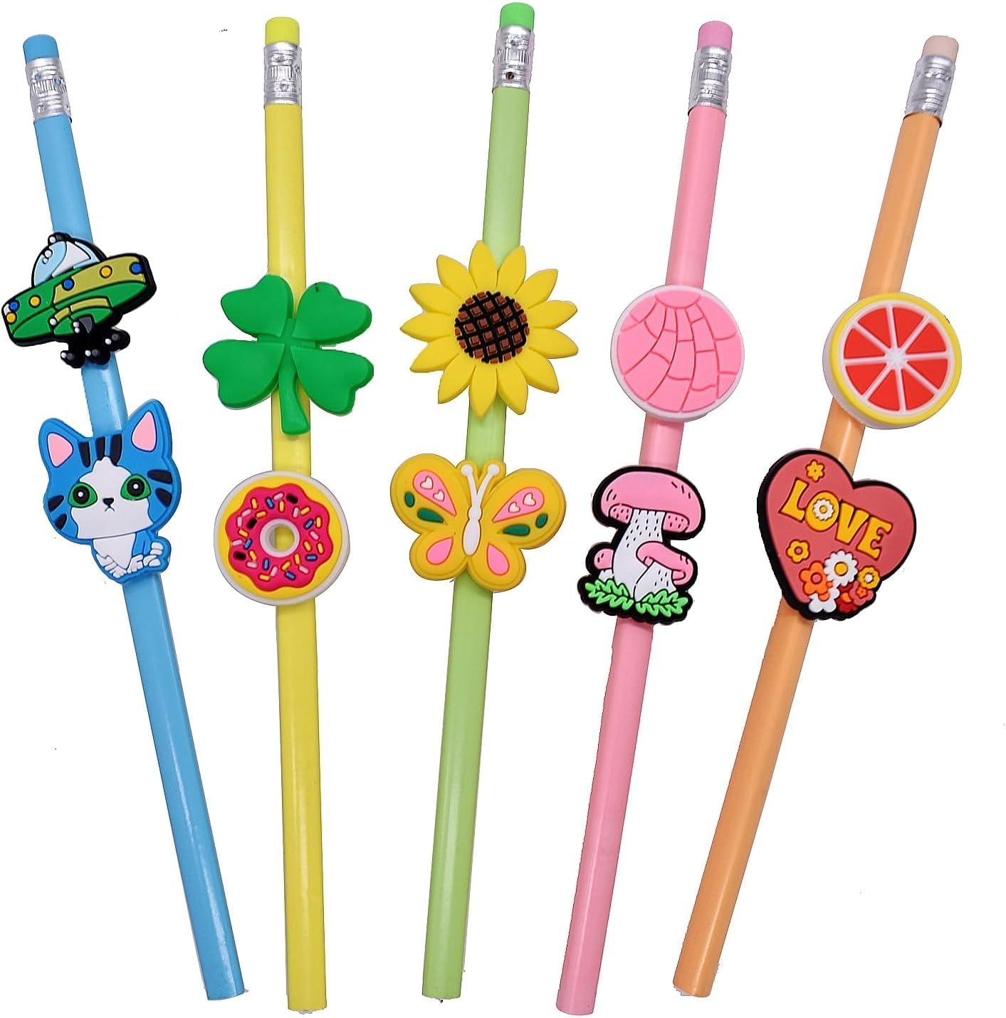 YEALQU 200PCS Random Different Pencil Topper Decoations Cute PVC Pencil Toppes Lovely Black Clip for Pupil/Junior Students Gifts Awards