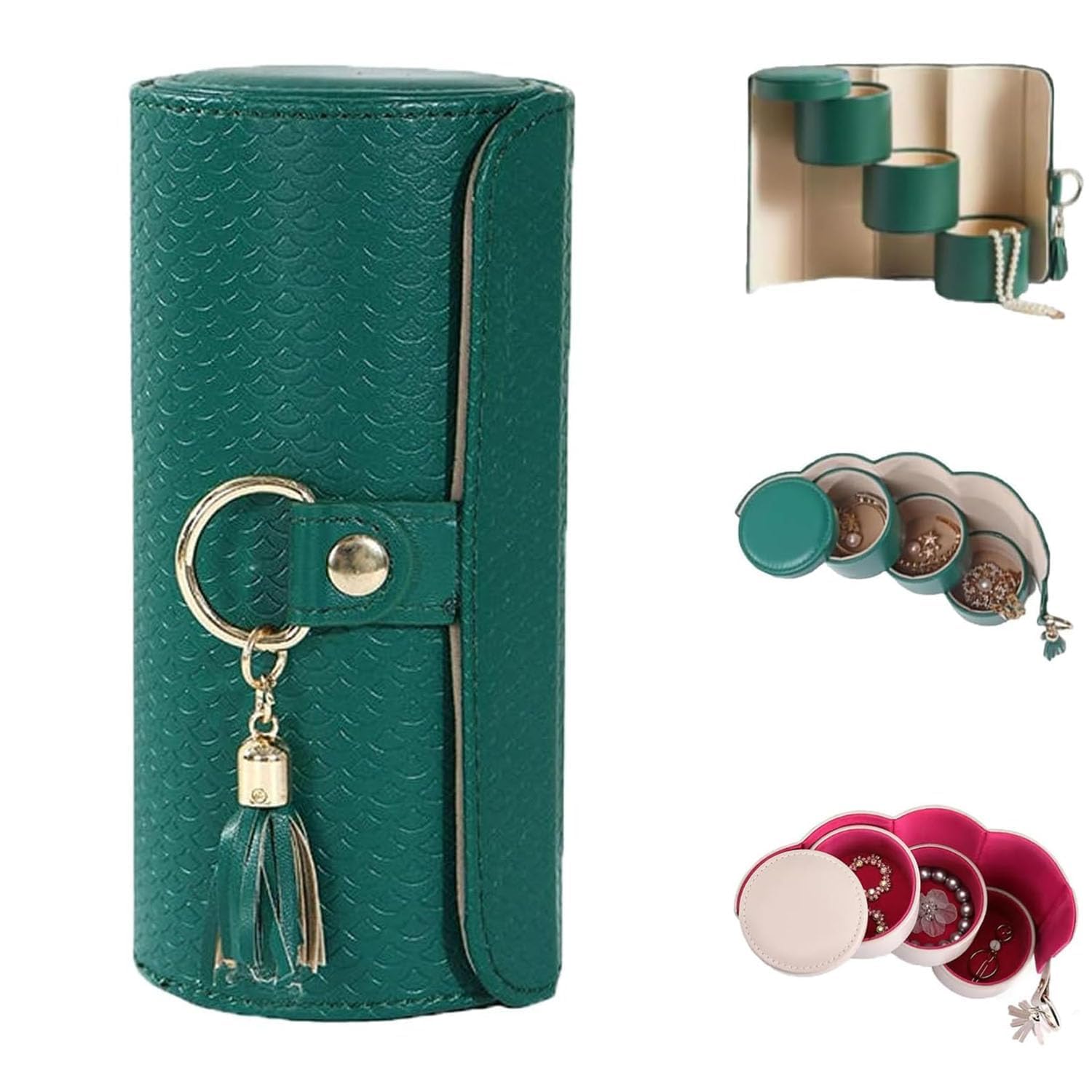 Layered Travel Jewelry Case,Foldable Cylindrical Jewelry Storage Box, Three Distinct Layers, Velvet Jewelrys Pouches with Zipper & Tassel,for Necklaces,Rings,Earrings