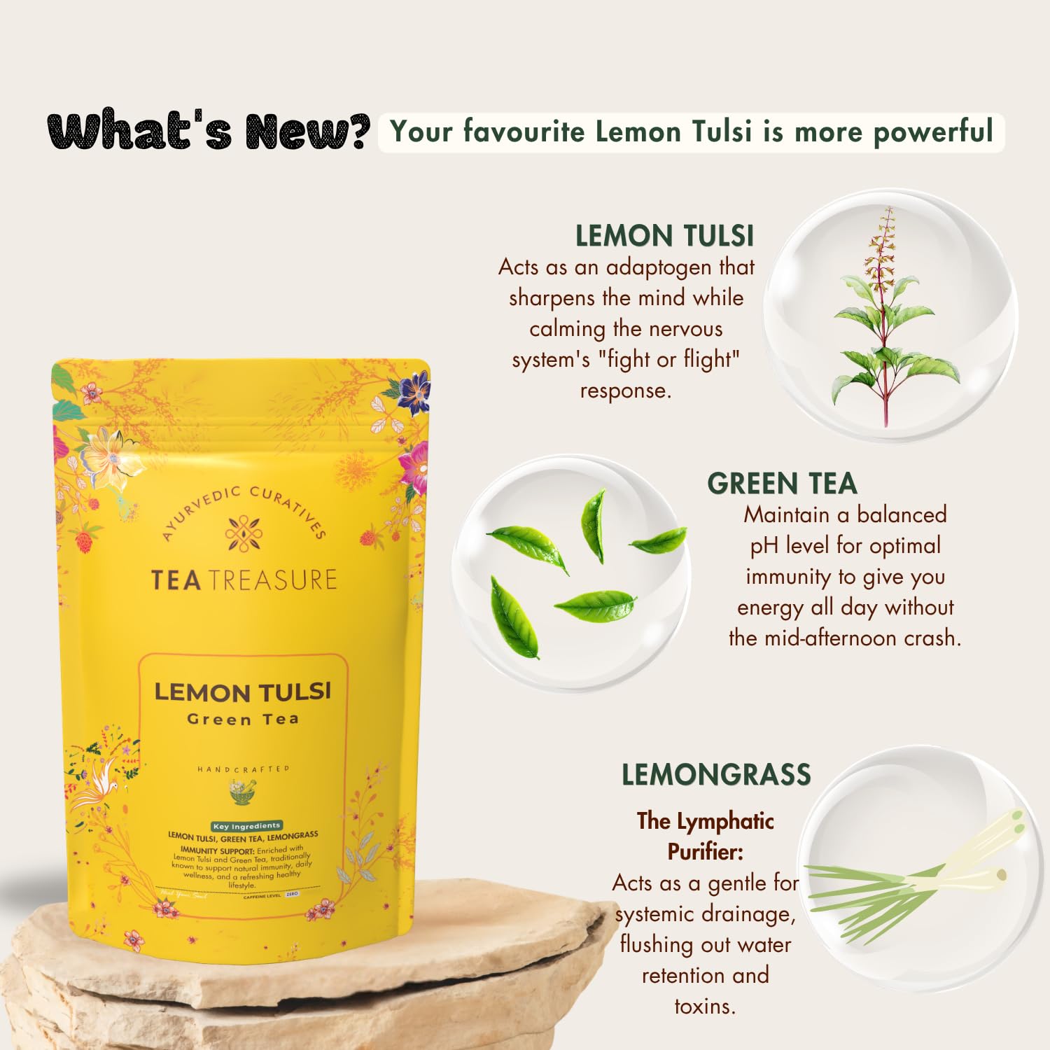 Tea Treasure Lemon Tulsi Green Tea | Antioxidant Rich Green Tea for Immunity Support | Boosts Metabolism, Helps Relieve Cold & Headache | Lemon & Tulsi Herbal Infusion - 50gm 1