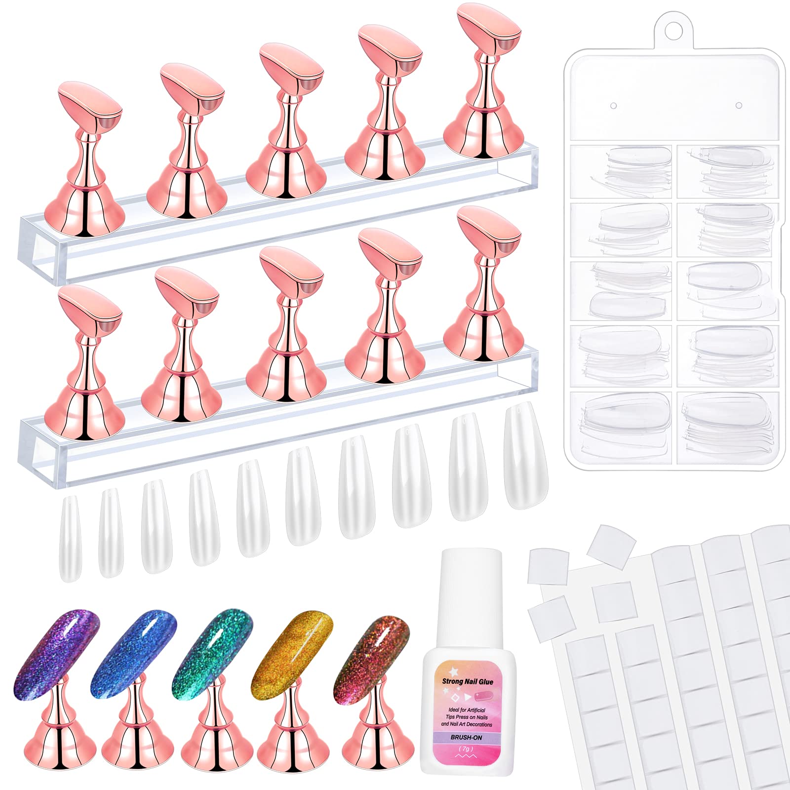 Nail Stand Press on Acrylic Nail Art Stand Magnetic Nail Tips Practice Holders, 2 Sets Training Fingernail Display Stands for DIY Nail Art with 48Pcs Reusable Adhesive Putty 100Pcs False Nail Tips