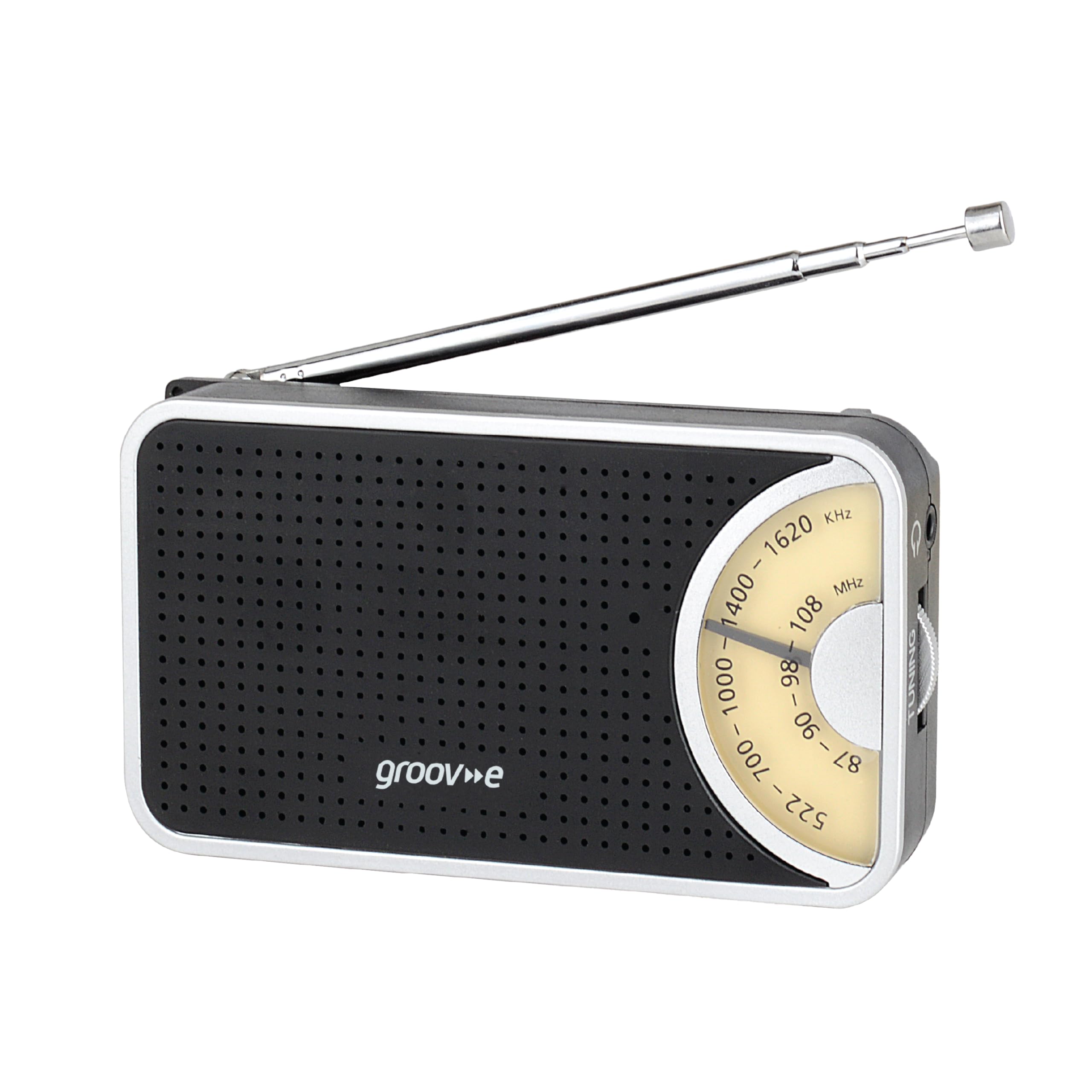 Groov-e Retro AM/FM Pocket Radio - Battery Operated Portable Radio with Included Earphones and Built-In Speaker, Telescopic Antenna for Better Reception, Compact and Lightweight