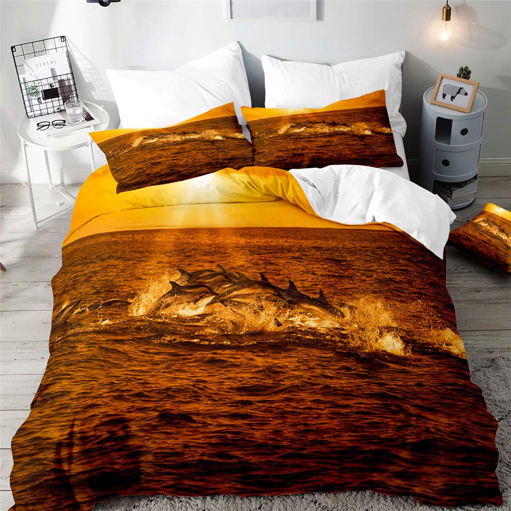 Morbuy 3D Dolphin Duvet Cover Set for Single Double King Bed, Printed Bedding Sets Boy Girl Bedroom Microfiber Duvet Set Quilt Case with Pillowcases (Sunset dolphin,200x200cm)