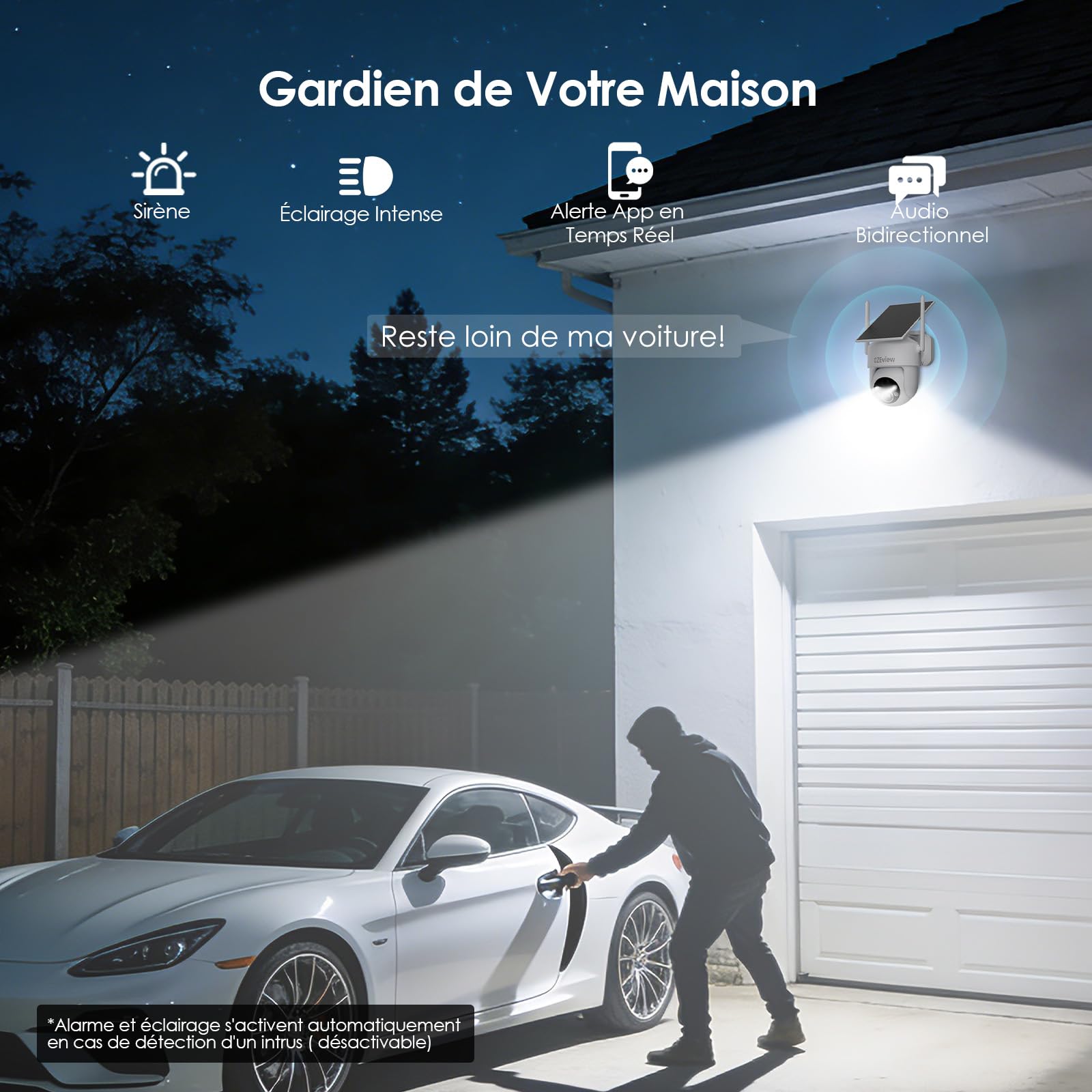 CZEview 2K Camera Surveillance WiFi Extérieure Solaire sans Fil, Blanche | 100 % sans fil, HD 2K, vision nocturne, alertes de mouvement, PTZ 360°, IP65 , grande autonomie de la batterie