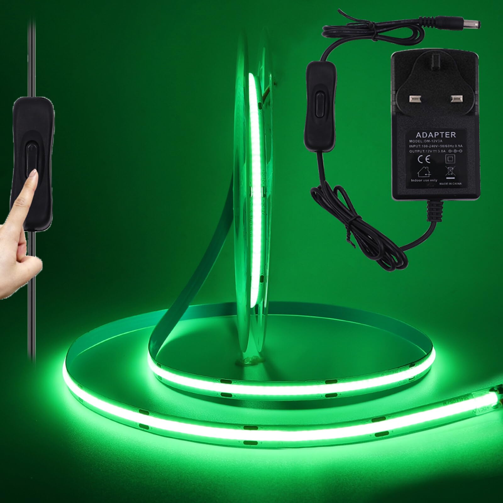 KAFULA 12V COB LED Strip Light with on/Off [4m, Green Light], 320 LEDs/m Flexible FCOB LED Fairy Light CRI90+, can be Cut Every 50mm, Suitable for Bedroom Kitchen Courtyard Party Decoration