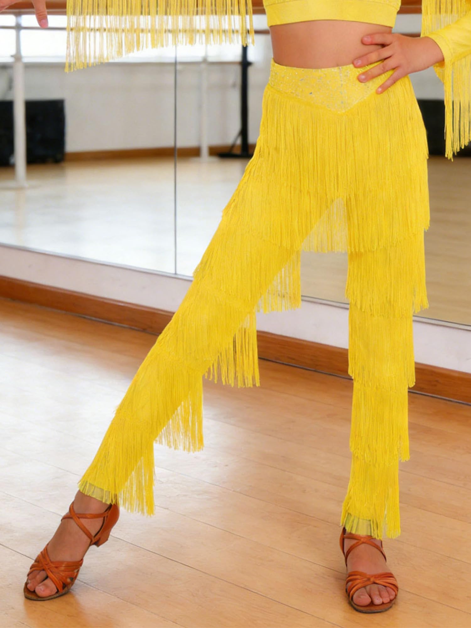 Sxiwei Pantalon à Frangé Danse Latine Fille Enfant Pantalon Danse Strass Brillant Costume Compétition