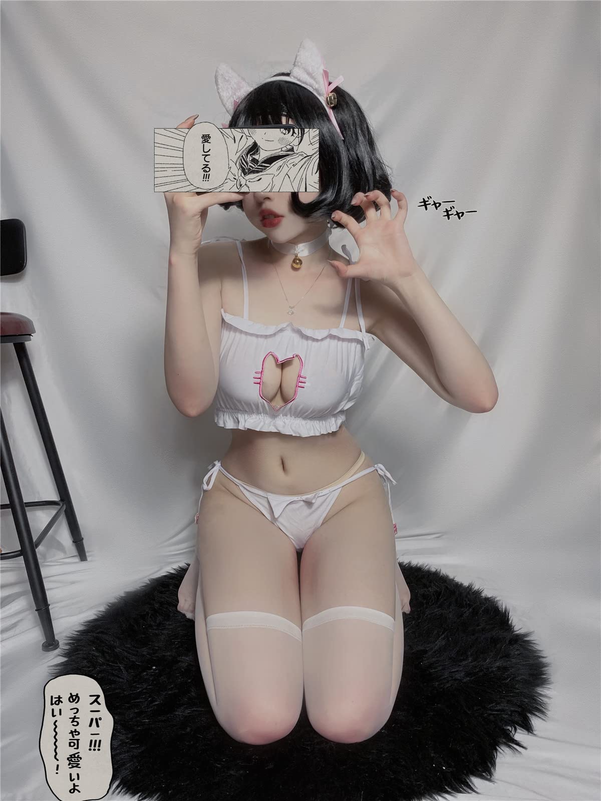 H&L Japanese Sexy&Cute Anime Cat Embroidary Sexy Lingerie Underwear Cosplay Sleepwear (Black, One Size)