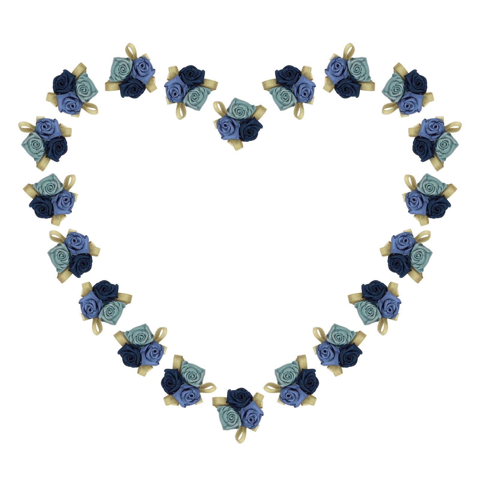 Meseey 20 Pcs Mini Blue Satin Ribbon Roses Crafts Artificial Fabric Flowers with Green Leaves Rosettes Small Flower Ribbons Roses for Sewing Festival