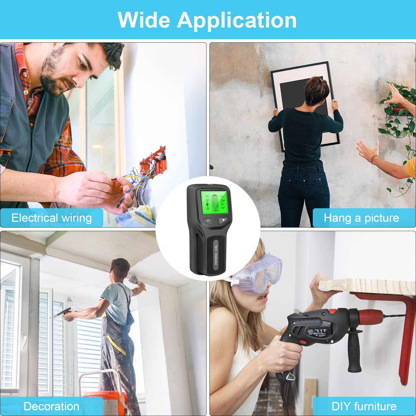 Escáner de Pared con buscador de Montantes, HW430 Detector de Vigas 5 en 1 Escáner de Pared Digital portátil Detector de Pared multifunción Profesional Cables Vivos Cable Tubería de Agua de PVC