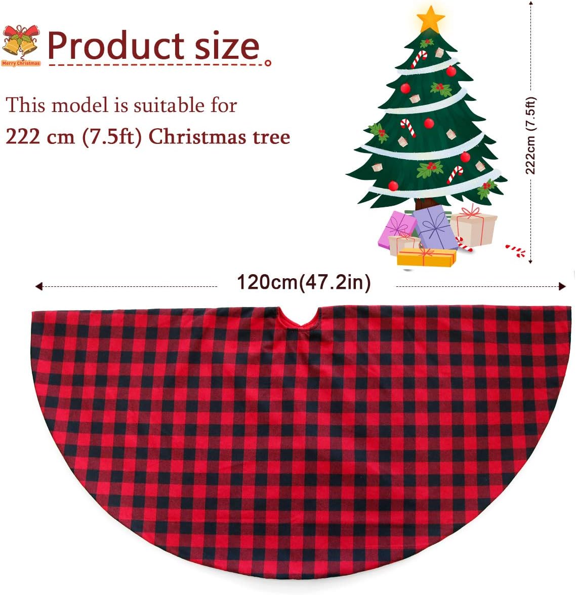 Townshine Checked Christmas Tree Skirt, 48 Inch Double Layers Red and Black Plaid Buffalo Deco for Holiday Party Tree Mat