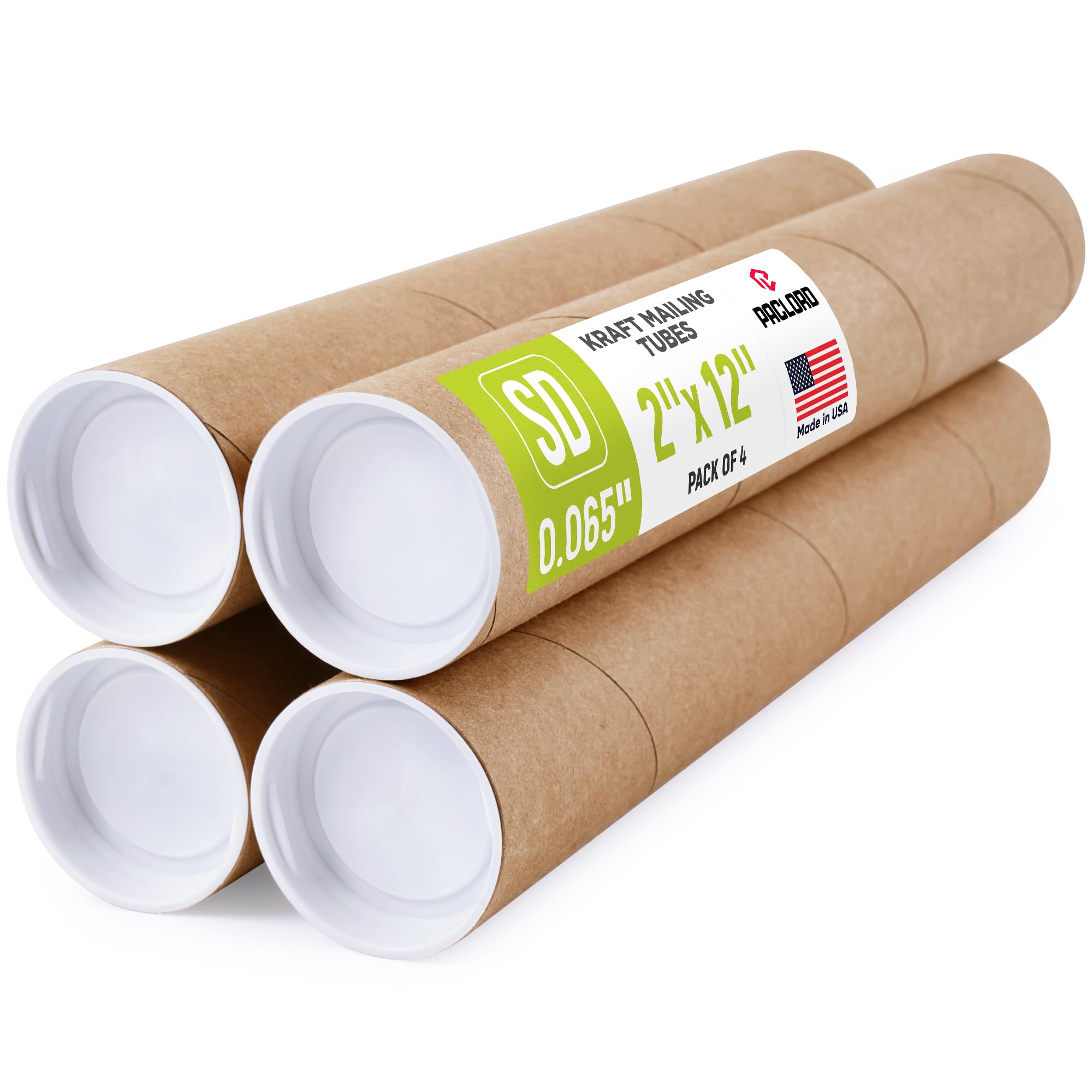 Tubos de correo de papel kraft reforzados de 2 x 12 pulgadas, paquete de 4 tubos con 2 tapas cada uno, tubo de póster aprobado por USPS, tubo de cartón fabricado en Estados Unidos para enviar y