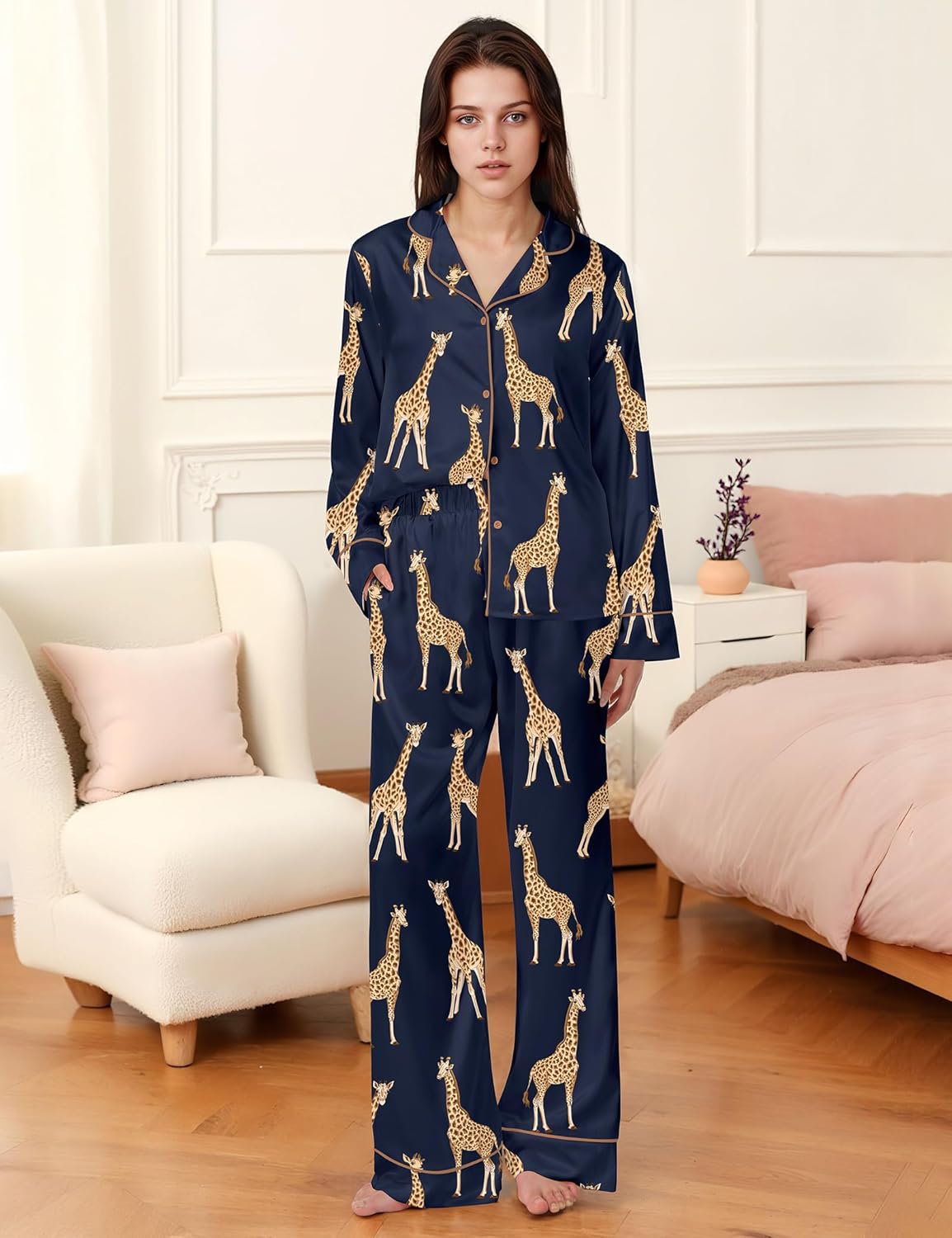 SHESHOW Satin Pajamas Set for Women Set Long Sleeve Button Down Pjs Sets 2 Piece Loungewear Animal Sleepwear XS-XXL - Image 7