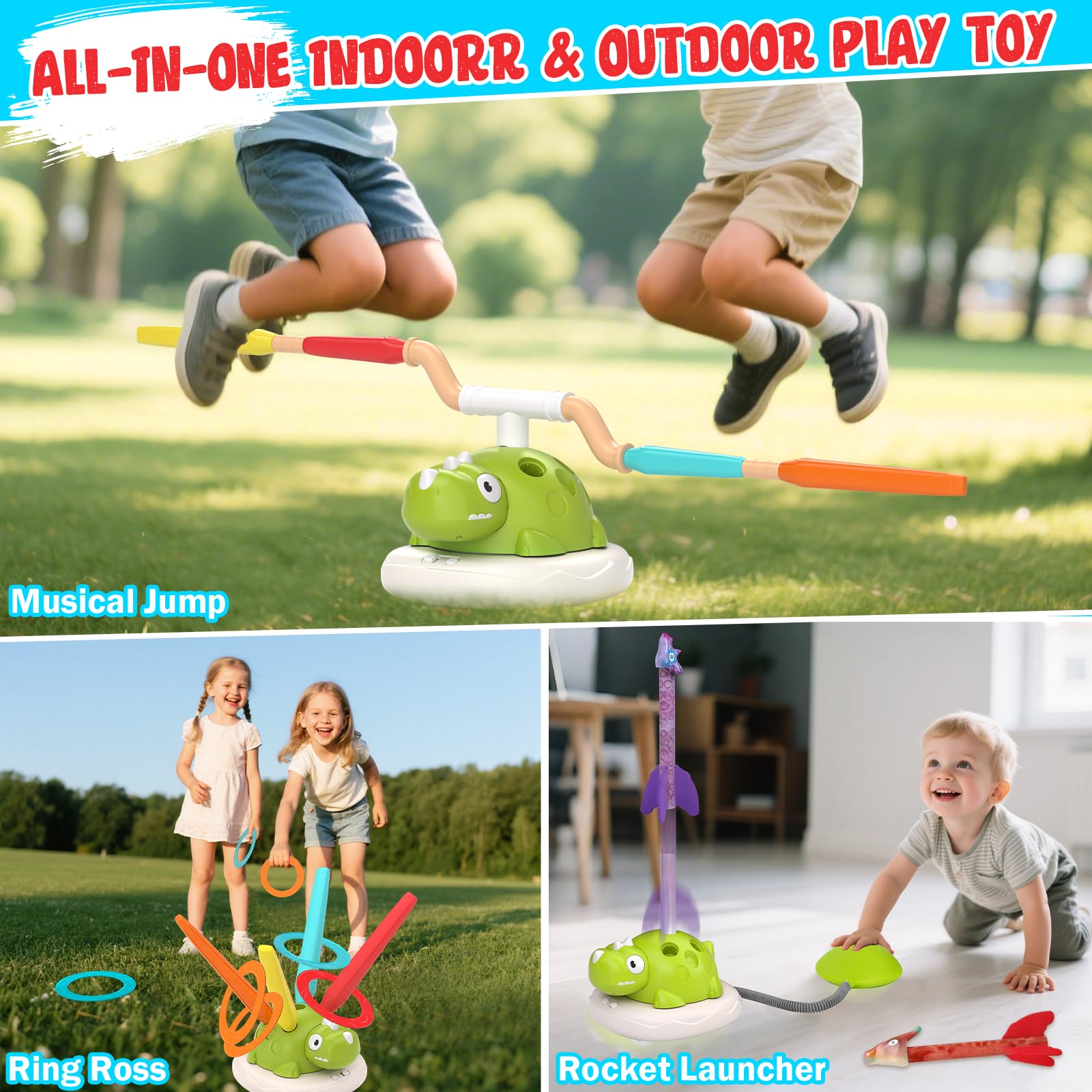 Jeux Exterieur Enfant 3 en 1: Lancer, Musical Sauter, Fusée à Pédales Jeu Enfants, Jeux D'extérieur Enfant avec Télécommande, Jouets de Plein Air de Jardin Cadeaux pour Garçons Filles