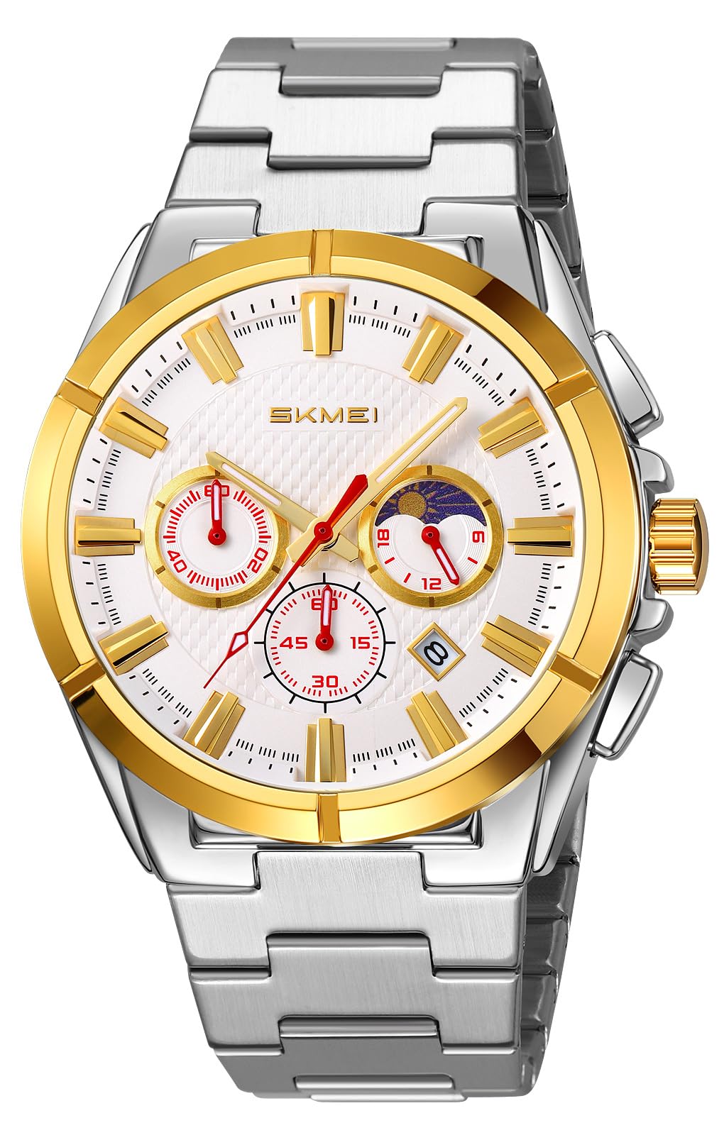 MASTOP Reloj de lujo para hombre con fase lunar clásico, multifuncional, cronógrafo, cronómetro, visualización de fecha, vestido de negocios, impermeable, luminoso, reloj de pulsera de acero