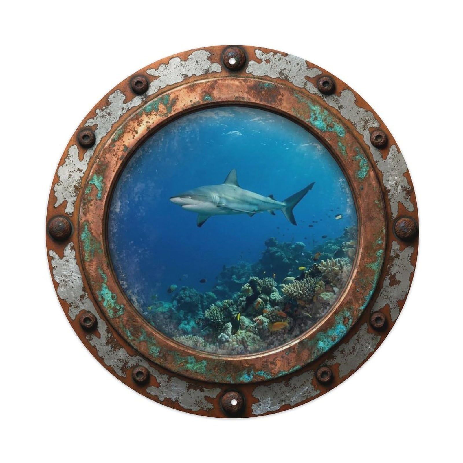 Gead 8X8inch Style Vintage Porthole Reef Shark Nautical Window View Metal Tin Sign