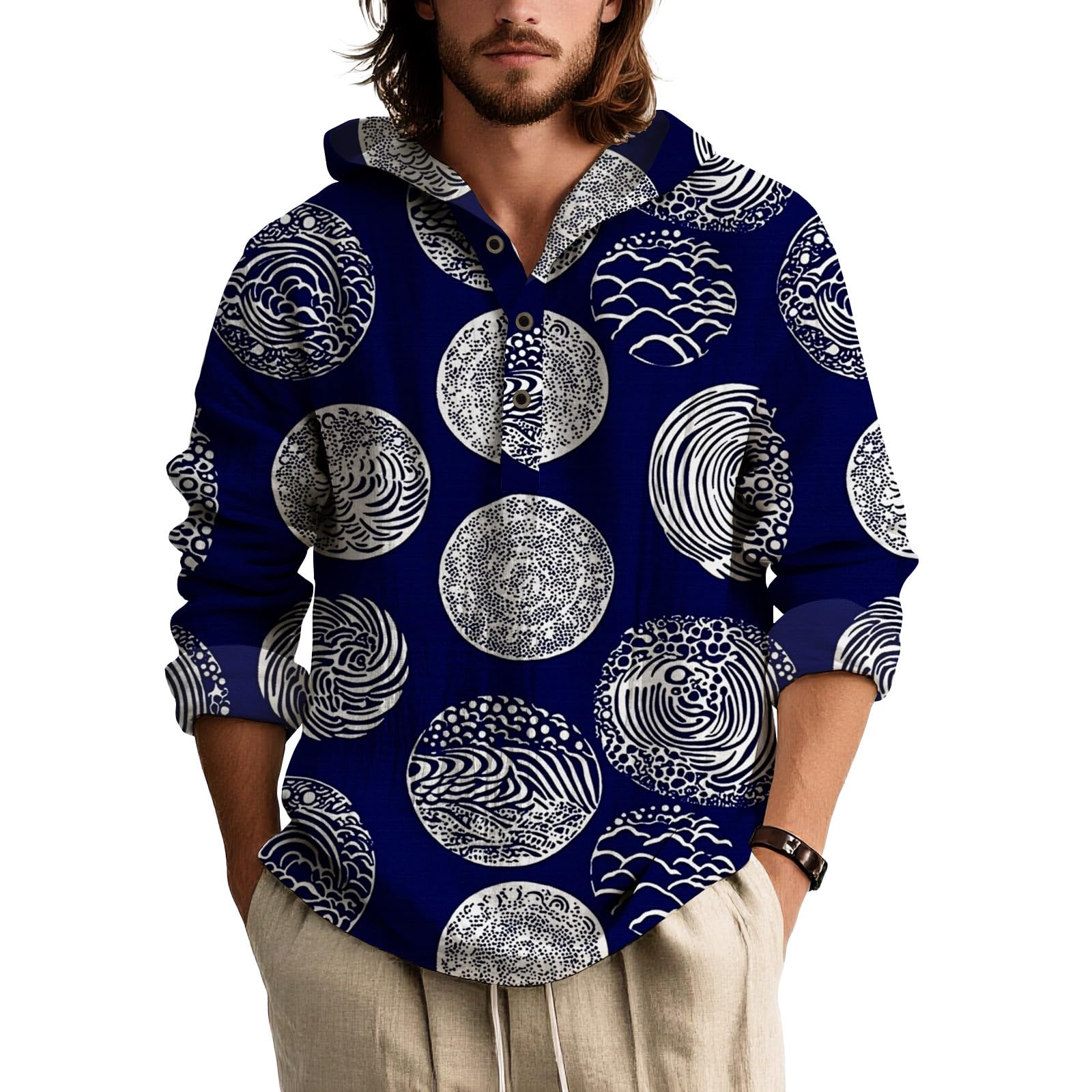 Mens Long Sleeve Button Down Shirt Japanese Art Print Relaxed Fit Casual Top Artistic Style Navy Black