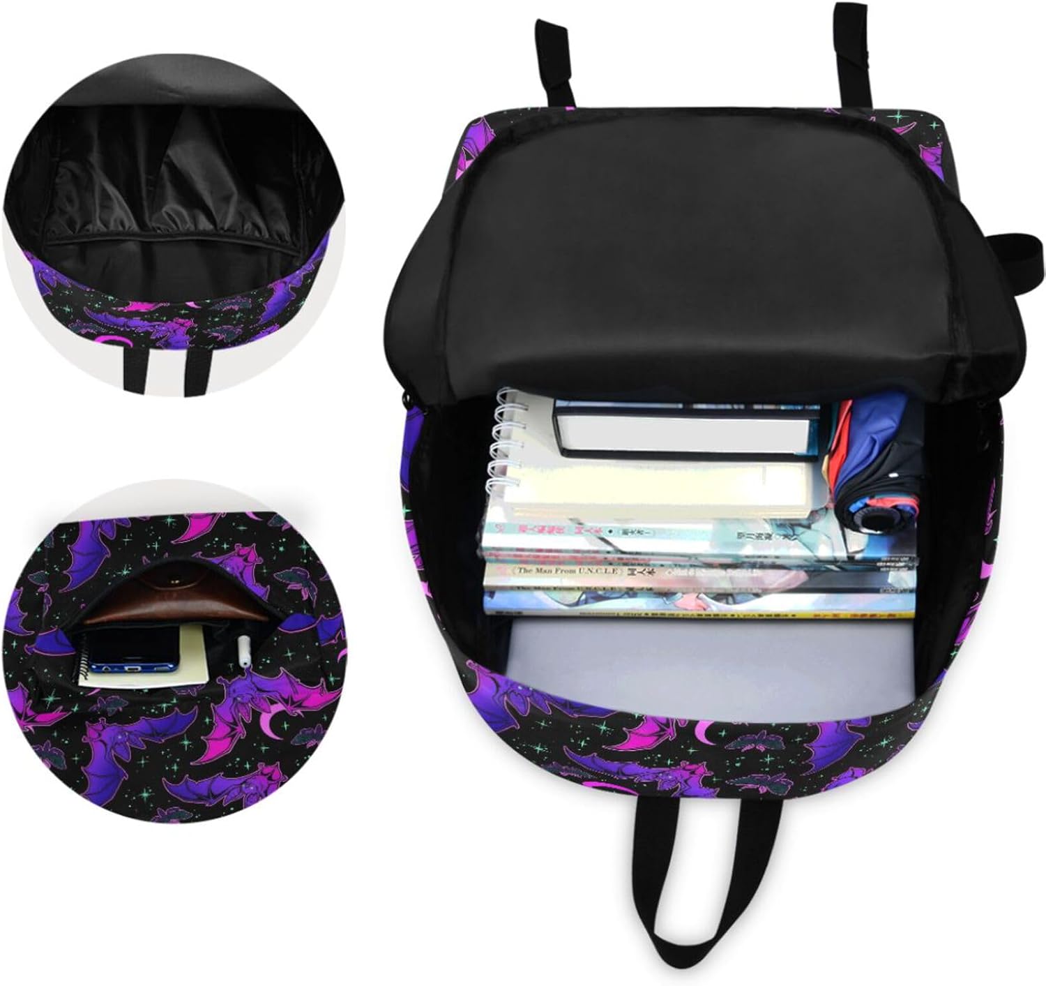 MNSRUU Student Backpack for School Purple Bat Gothic Laptop Backpack Aesthetic Girls Boys School Bookbags Casual Daypack Backpack Fits 15.6 Inch Laptop
