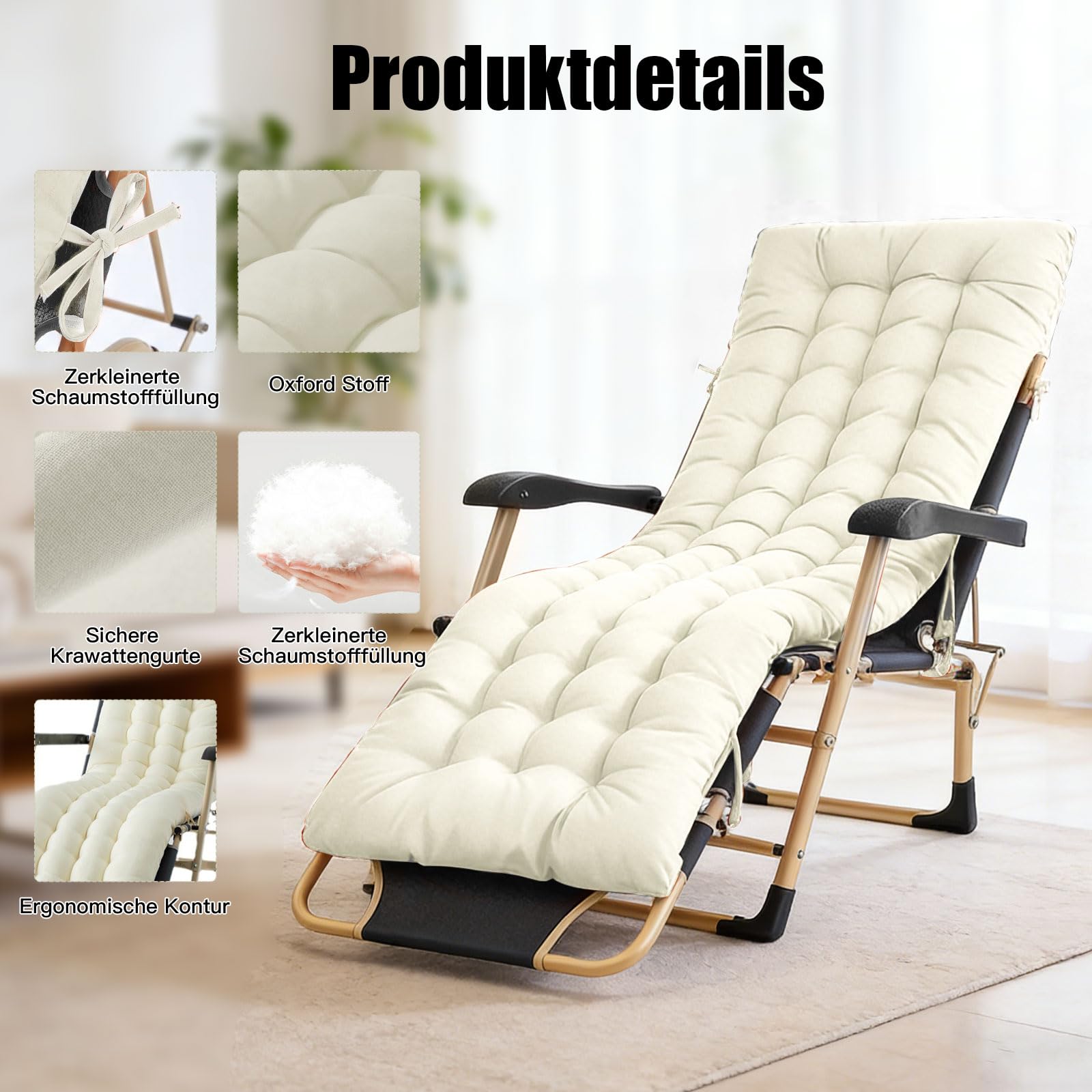 Bocguy Cojín para Tumbona de Exterior 170x50x10CM，Colchóneta para Tumbona de Jardin y Terraza y Balcón - Impermeables Colchoneta para Hamaca y Tumbona con Fijación Fácil