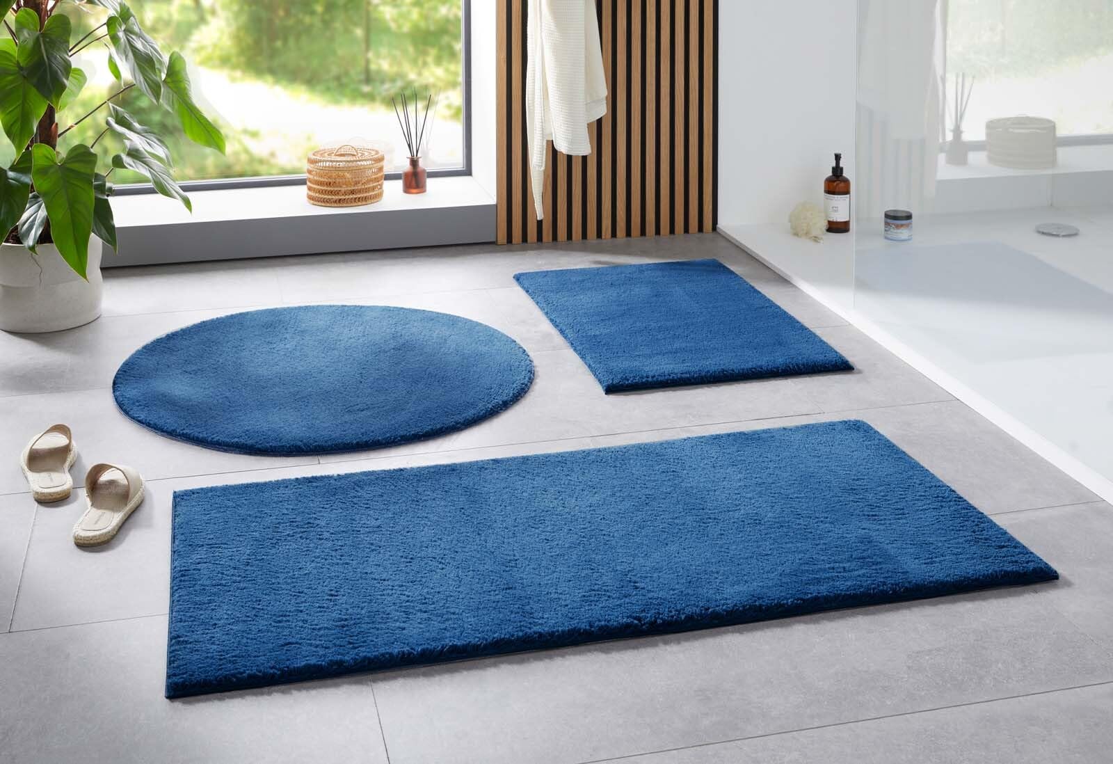 Taracarpet Badematte Uni Boho rutschfest, waschbar, Badezimmer-Teppich, Bad-Vorleger, WC Deko, Duschvorleger für Dusche und Badewannen weich und als Set kombinierbar Dunkel Blau 120 cm rund