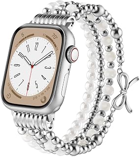 AIRSPO Gold Beaded Bracelets Compatible for Apple Watch Band 38mm 40mm 41mm 42mm Women, Fashion Handmade Dressy iPhone Watch Bands Stainless Steel Beads Elastic Strap for iWatch Series 11 10 9 SE 8 7 6 5 4 3 2 1 Ribbon knot-Silver