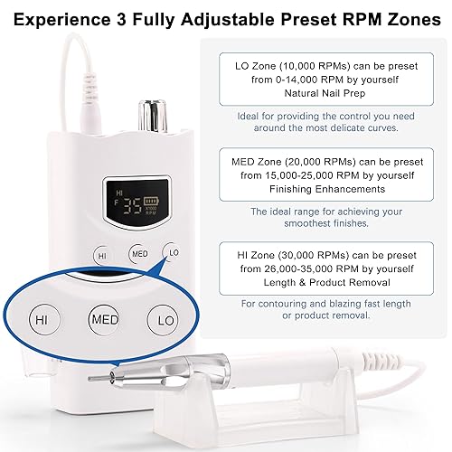 Miniatura 6 de M GEM - Taladro de uñas profesional sin escobillas de 35 K RPM E-File - 3 zonas de RPM ajustables, adelanteatrás, batería de larga duración -
