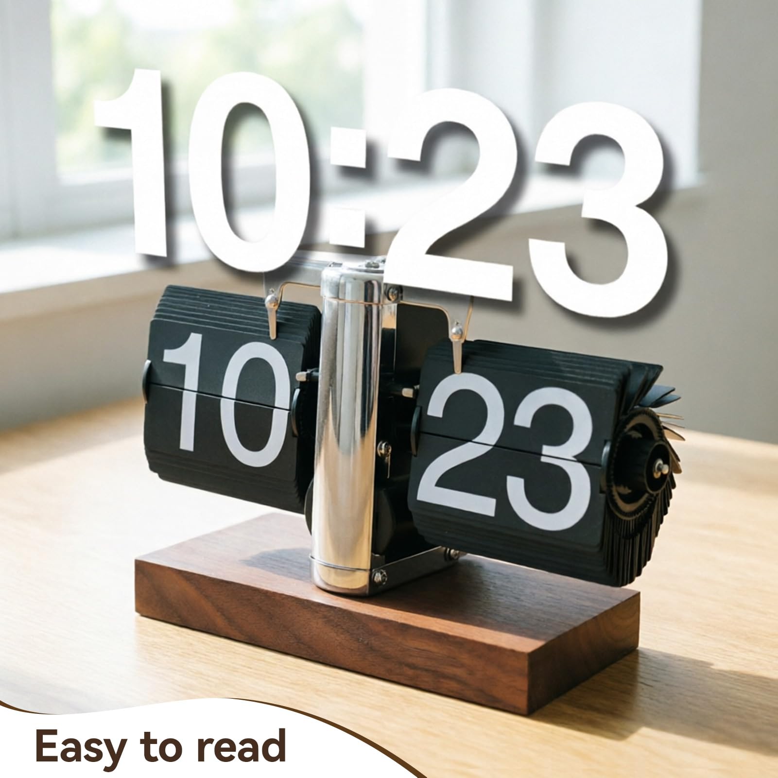 Retro Flip Vintage Desk Table Horloge, Mécanique Auto Flip Desk Clock Numéro 24h Base en Bois en Acier Inoxydable Table numérique rétro pour Le Bureau à Domicile