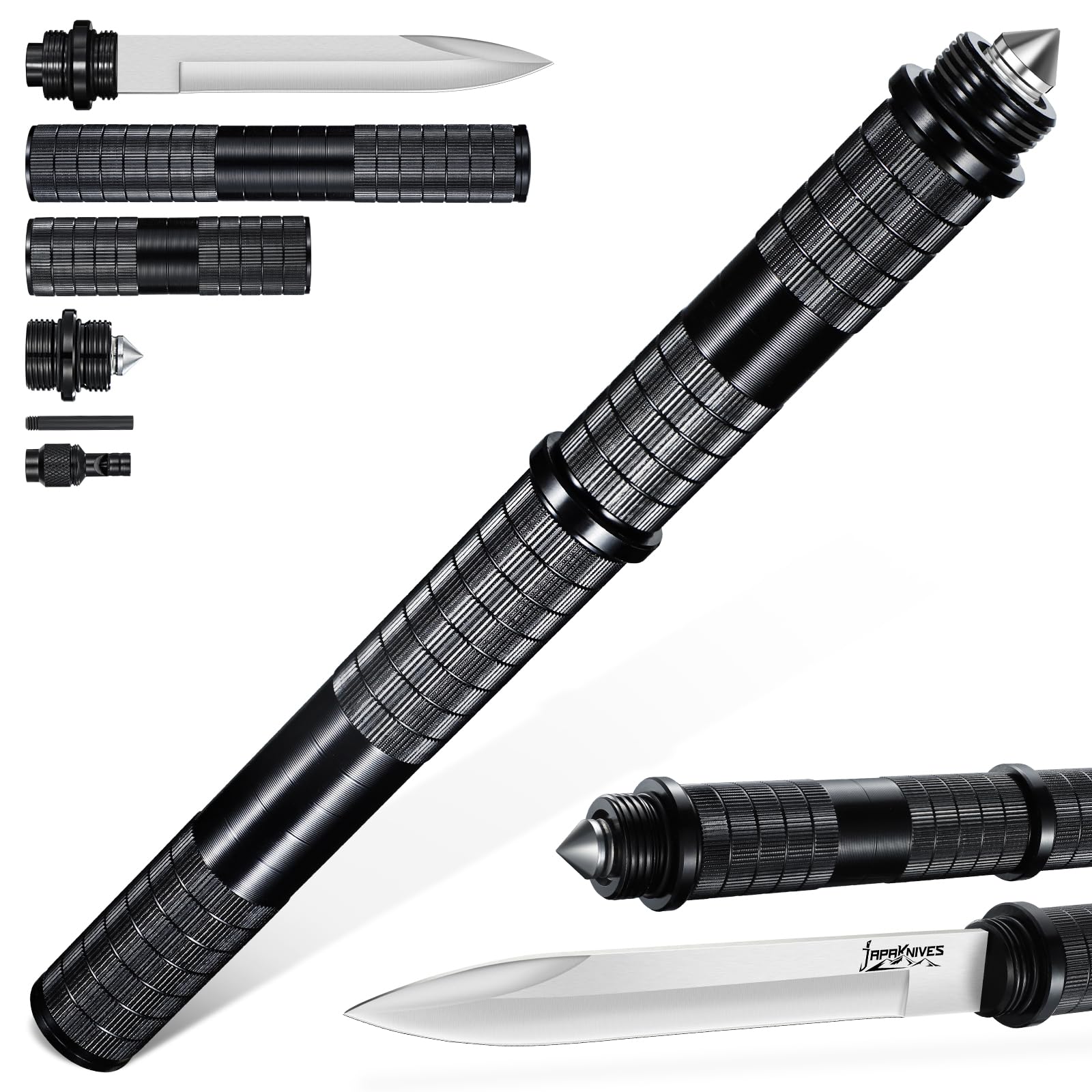 Japaknives Jagdmesser Outdoor 5 in 1 Survival Messer D2 Stahl Feststehende Messer Abnehmbares Multitool mit Pfeife Glasbrecher Bushcraft Messer für Männer Geschenk Schwarz