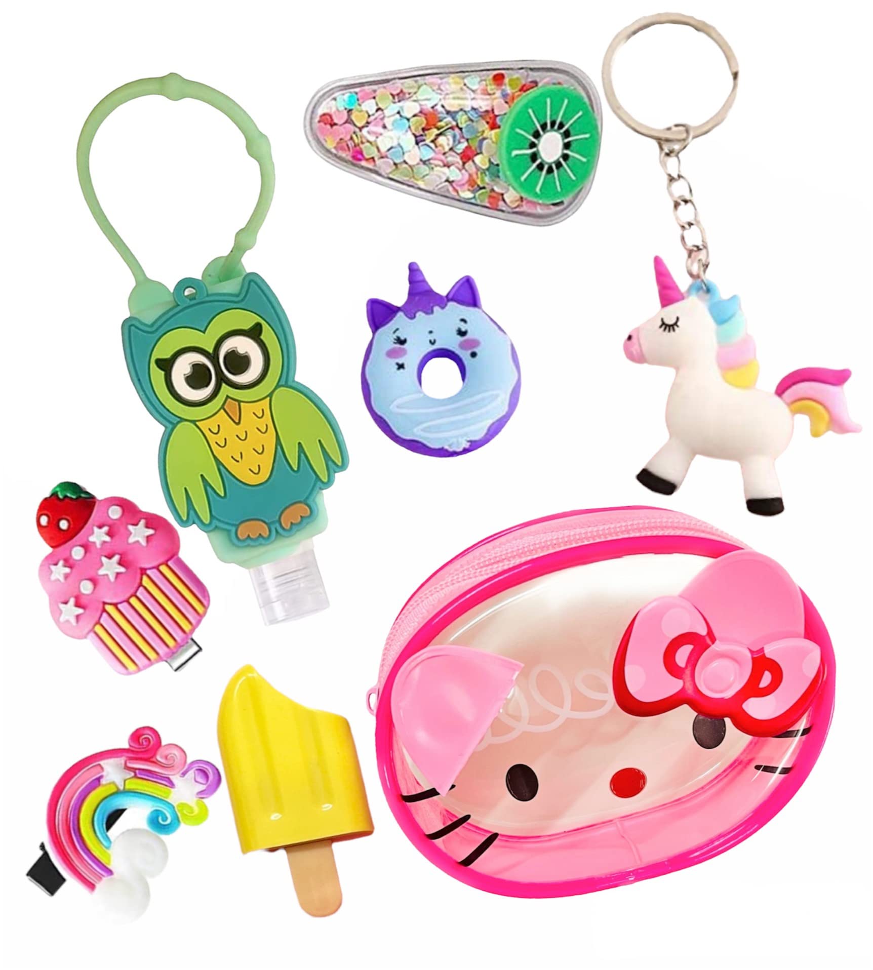 Pink Unicorn Kitty Transparent Coin Pouch Wallet Combo Cute Kids Accessories - Empty sanitizer Cartoon Dispenser, ice Cream Hair Clips, Glitter tic tac pin, Donut Eraser & Highlighter Pen-image-1