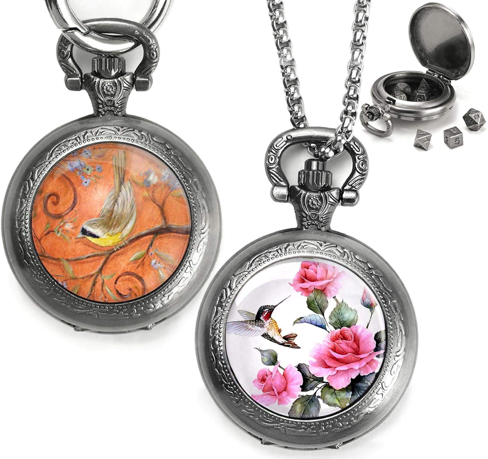 Mini DND Dice Set including Pocket Watch 2Pack, Small Metal Dice for Dungeons and Dragons/D&D Gifts