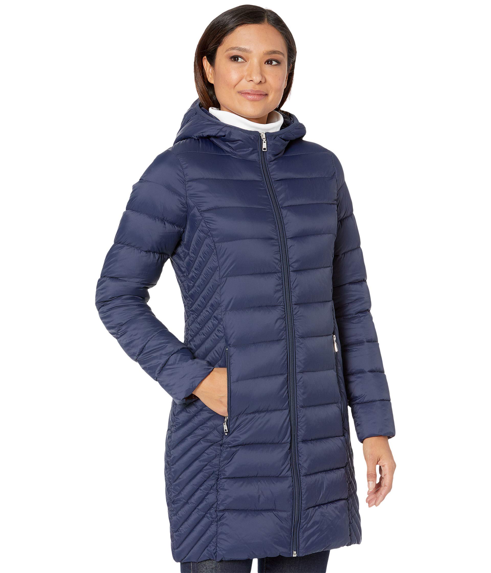 Tommy Hilfiger Women's Mid-Length Puffer Hooded Down Jacket with Drawstring Packing Bag