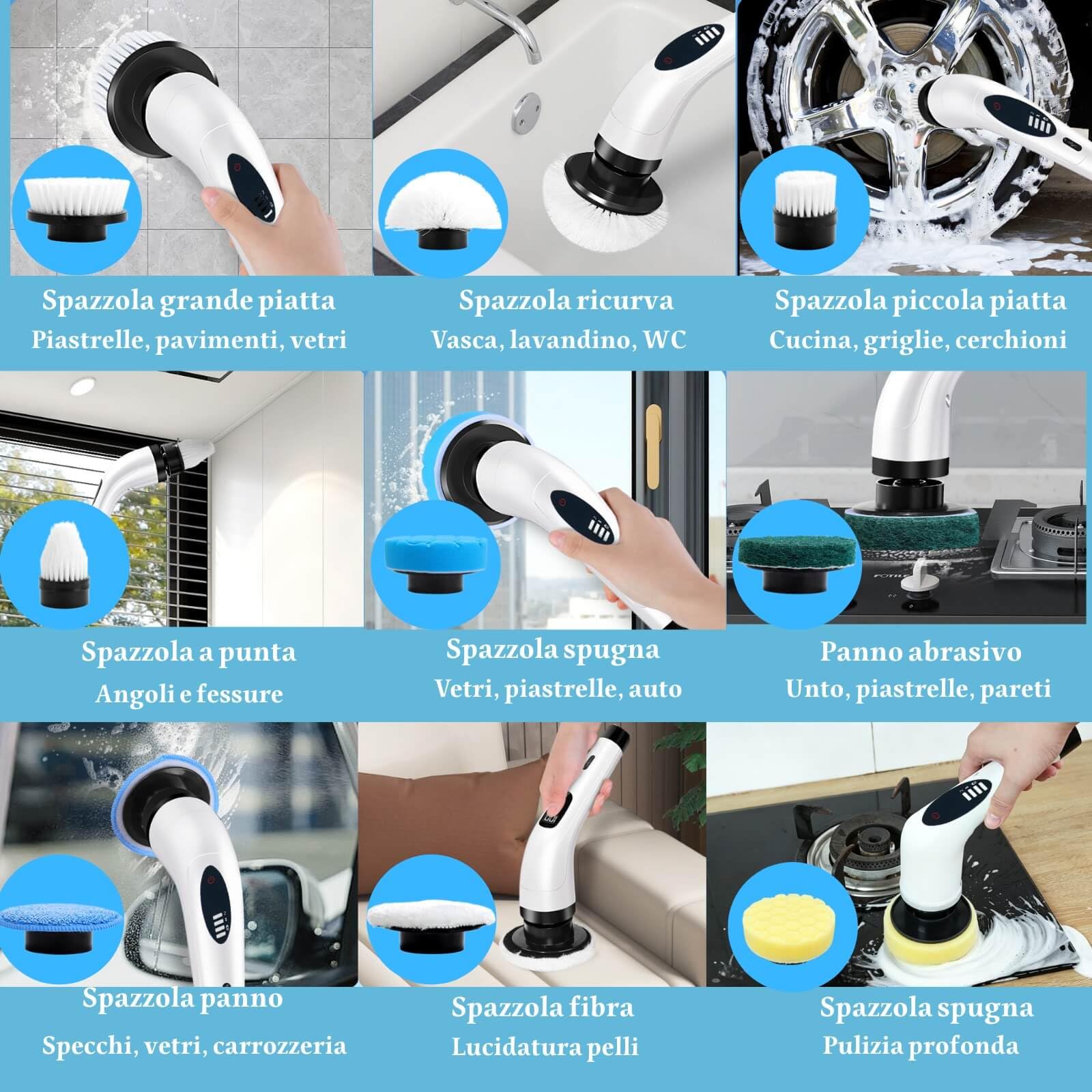Spazzola Elettrica Rotante per Pulizia Casa, Spazzola Rotante Pulizia Casa, 9 Testine Sostituibili, 3 Velocità, Impermeabile, Ricaricabile USB-C per Bagno, Cucina, Pavimenti, Piastrelle, Auto