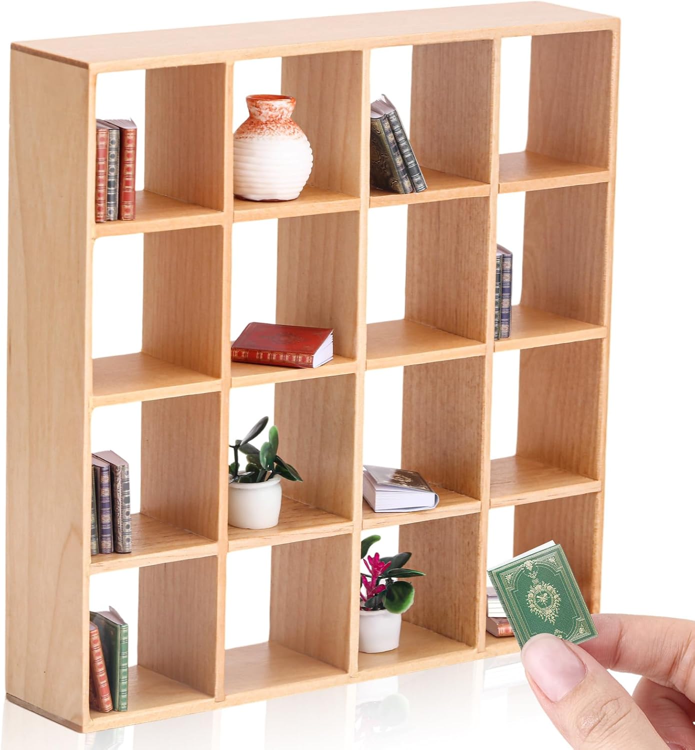 20 Pcs Christmas Dollhouse Bookshelf Set:16 Pcs 1: 12 Scale Dollhouse Miniature Book, 1 House Display Mini Shelf, 2 Mini Plant and 1 Vase, Decoration Accessory for Home