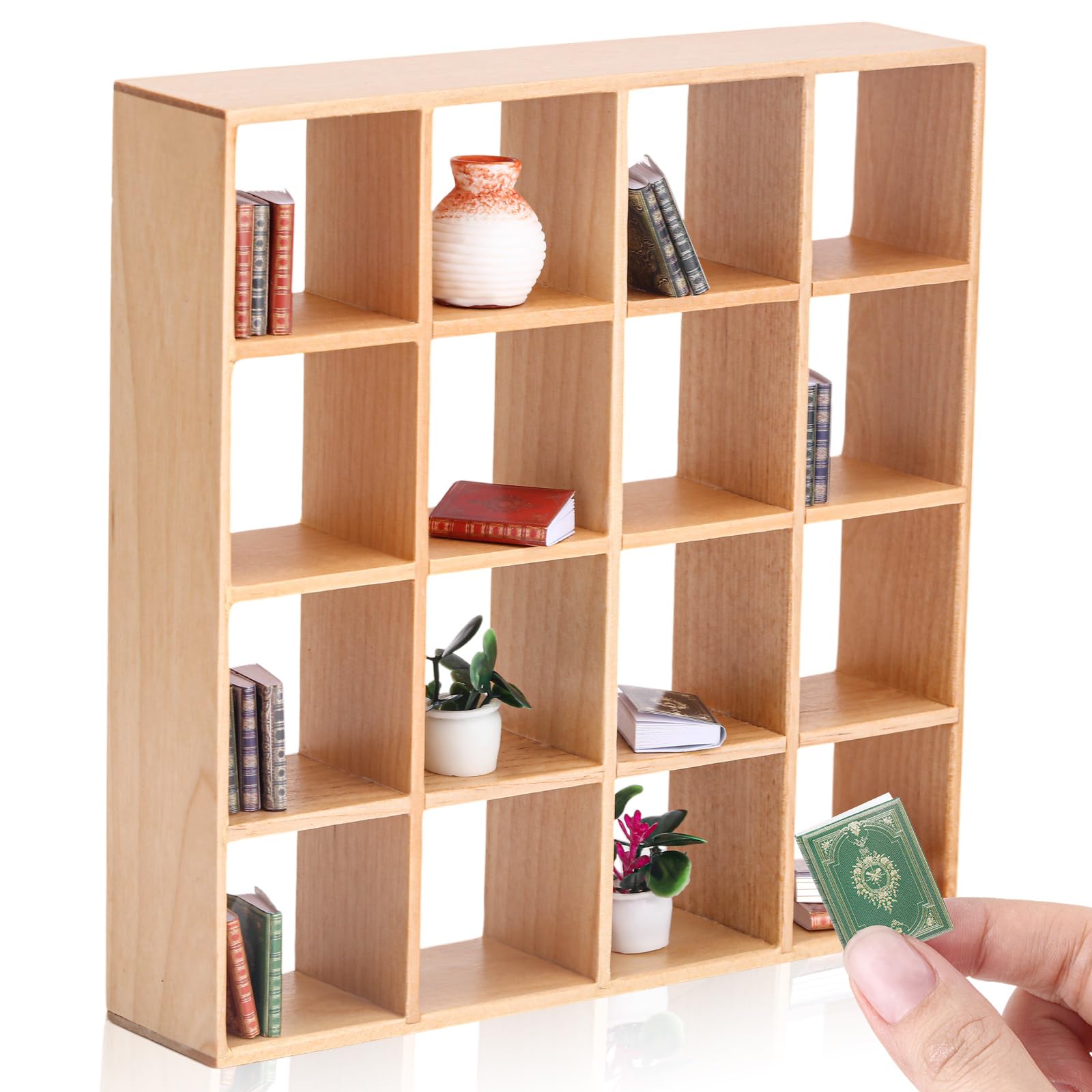 Motionchic 20 Pcs Dollhouse Decoration Accessories Include 16 Pcs 1: 12 Dollhouse Miniature Book 1 Pcs Dollhouse Display Shelf 16 Grid Shelves Wooden Bookshelf 2 Pcs Doll House Mini Plant and Vase