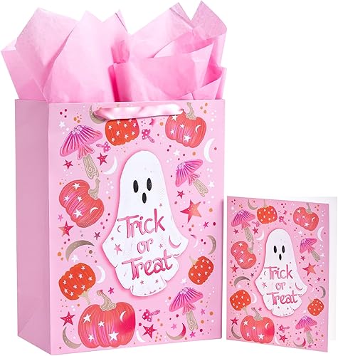 WRAPAHOLIC Bolsa de regalo grande rosa de Halloween de 13 pulgadas con tarjeta y papel de seda, diseño de letras de fantasma rosa y truco o trato