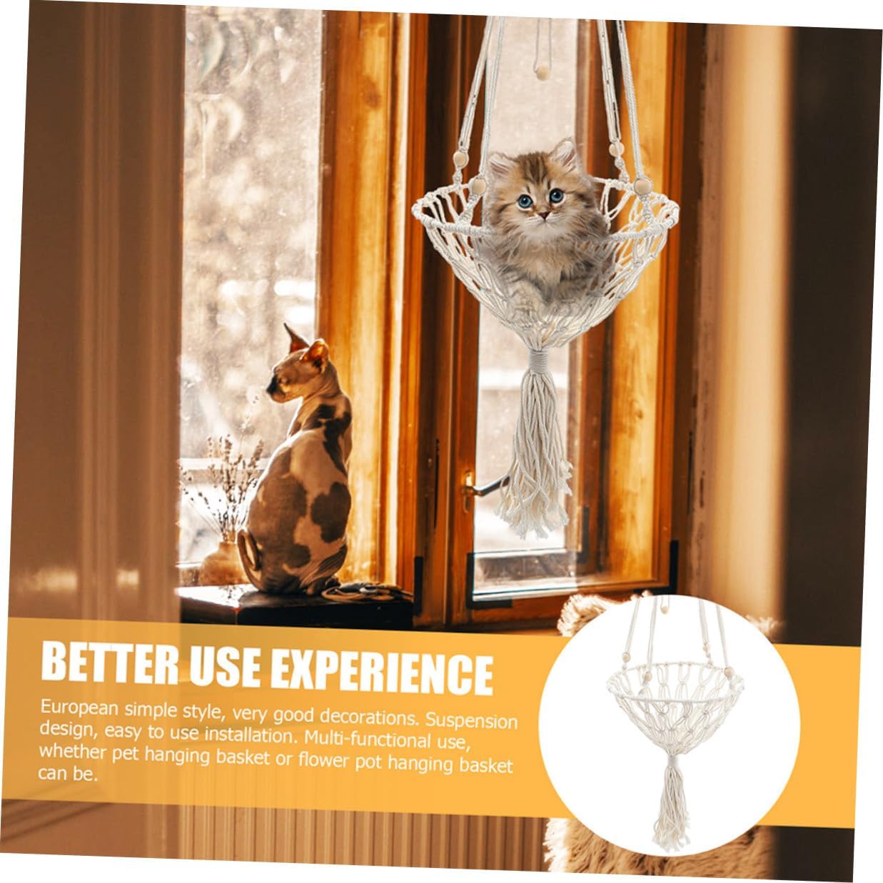 DOITOOL Bohemian Woven Cat Hammock Bed Hanging Animal Net Basket 40cm Wear-Resistant Indoor Kitten Accessory Suitable for Cats 20-30lbs