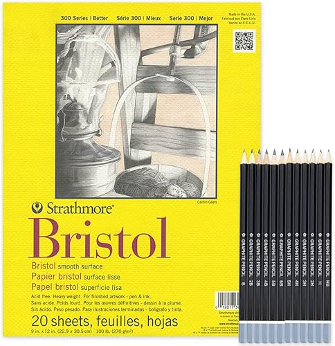 Strathmore Bristol - Bloc liso de papel, encuadernado con cinta de 9 x 12 pulgadas, 20 hojas, 100 libras, cuaderno de bocetos Bristol, acabado liso