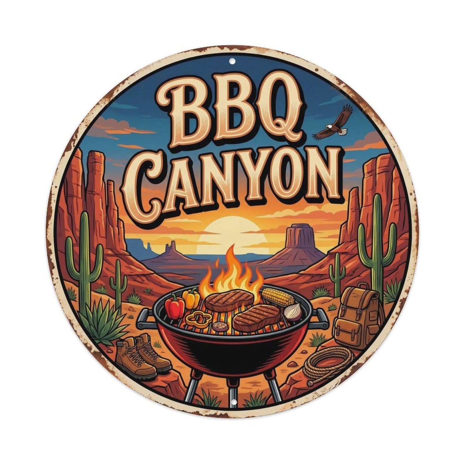Yrnq Vintage Style-29 Vintage Bbq Barbecue Canyon Artwork Metal Tin Sign Plaque Wall Decor For Cafe, Club, Garden Round Metal Poster 8X8inch