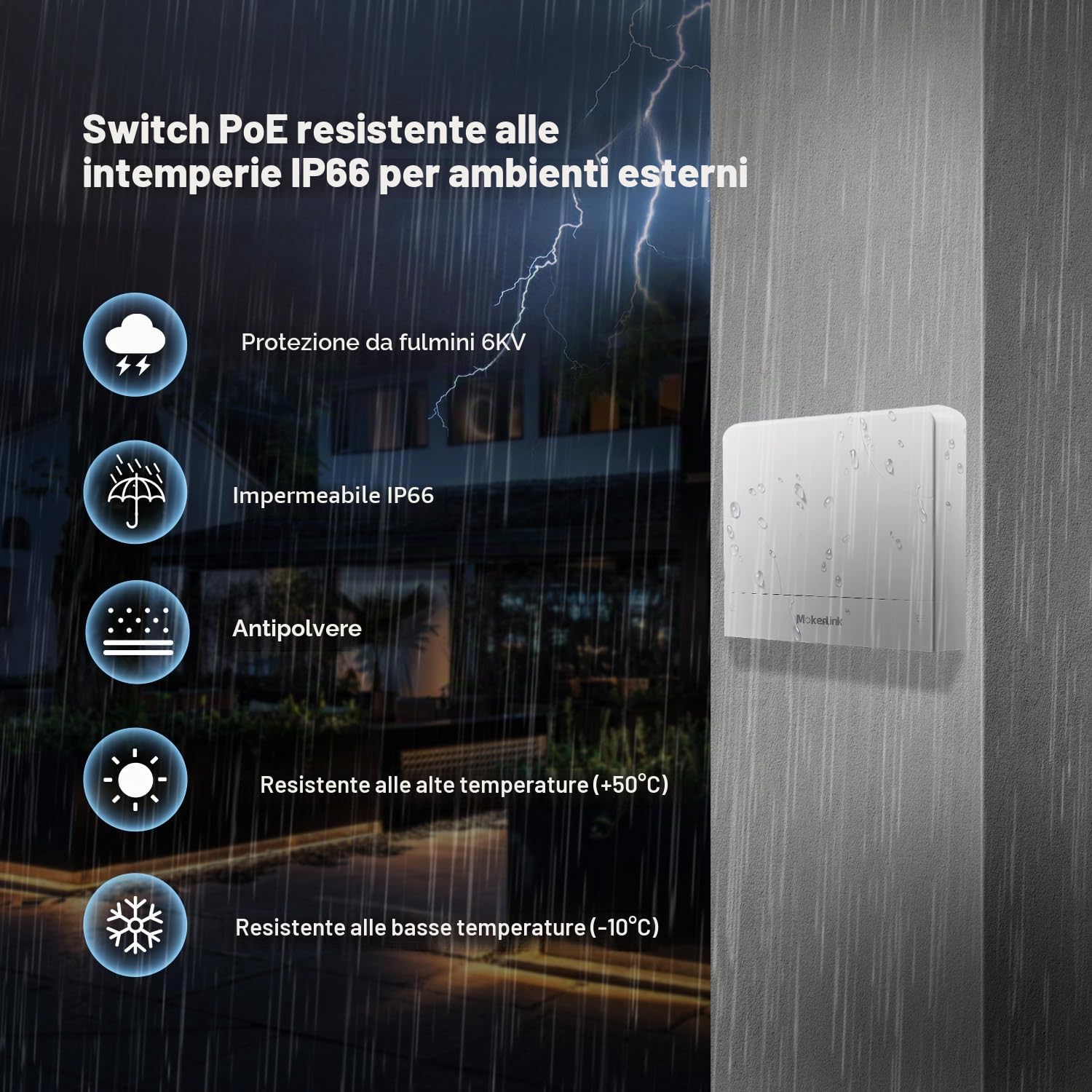MokerLink Switch Gigabit PoE a 8 porte per esterni, 8 porte PoE+ 1000 Mbps, 802.3 af/at 120 W, impermeabile senza ventola, Plug and Play Switch