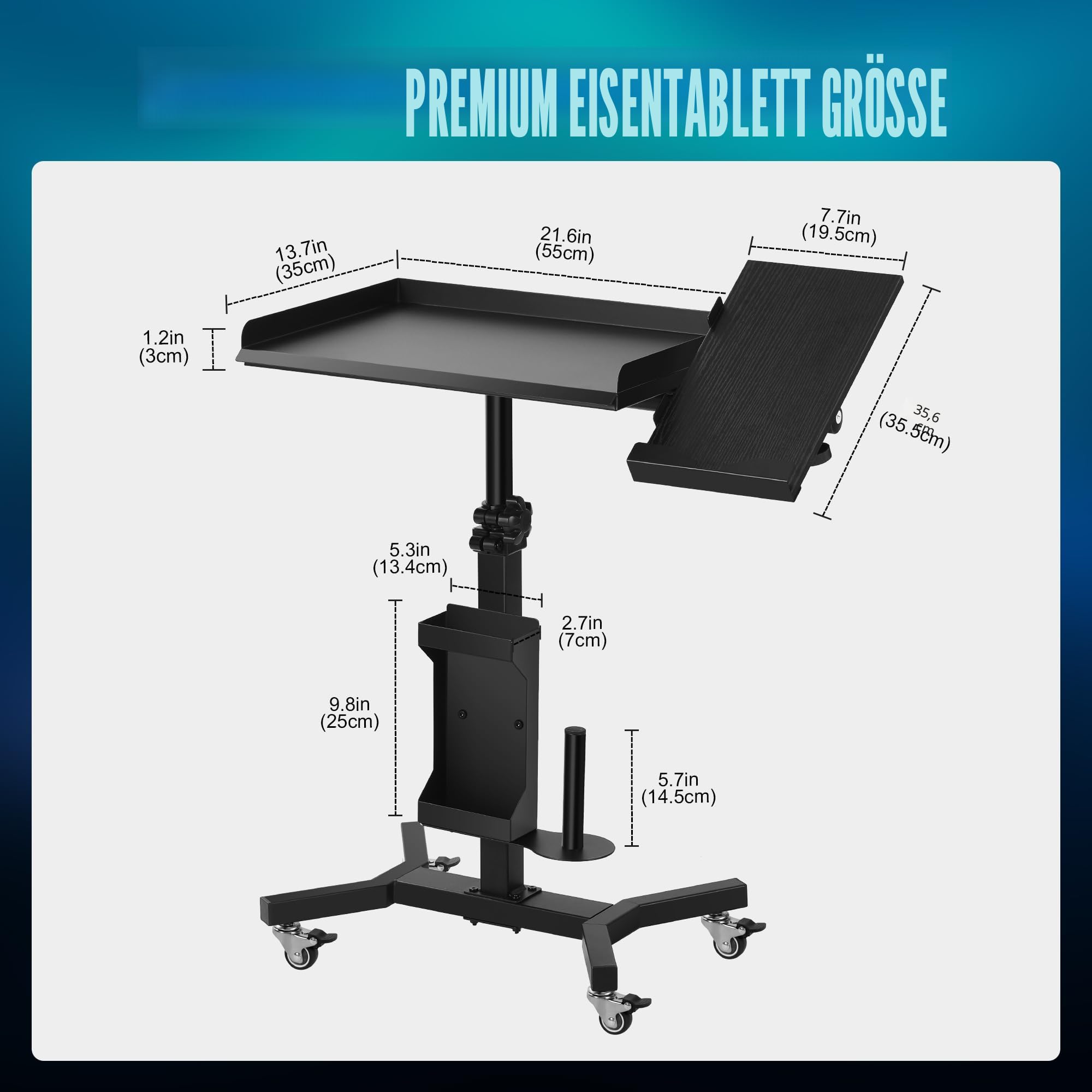POARMEEY Tattoo Tray Cart on Wheels with Extension Drehbar Tattoo Table Station Versatile Rolling Tool Tray for Artist Studio and Beauty Salon