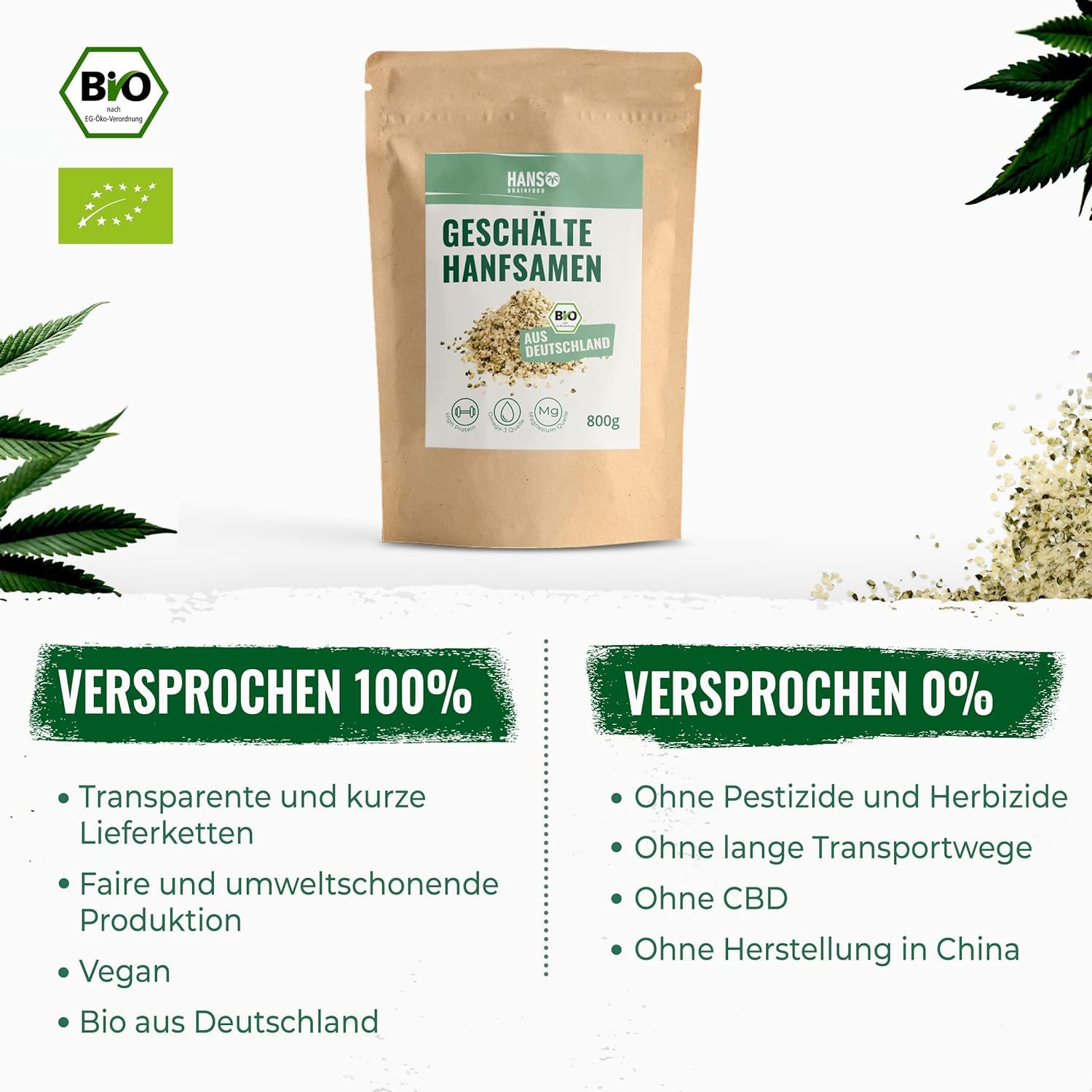 HANS Brainfood Bio Hanfsamen geschält - High Protein - Natürliche Omega 3 und Magnesium Quelle ohne Zusatzstoffe | Superfood vegan aus Bayern | Hanfprotein mit Eisen und Vitamin E | 3x 800g