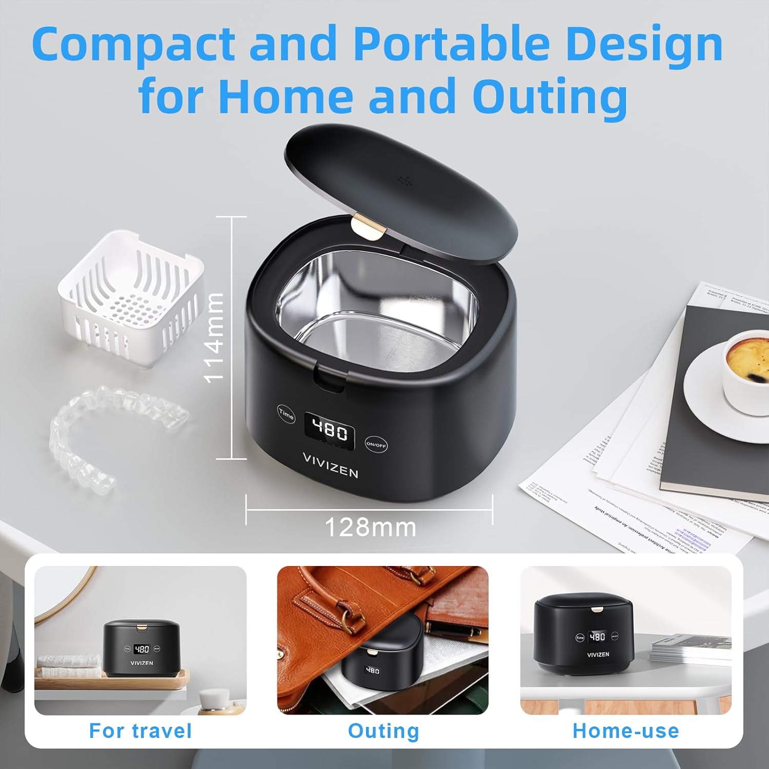 Ultrasonic Retainer Cleaner Machine Sonic Dental Cleaning Machine for Dentures, Aligners, Braces, Mouth Guards, Jewelry, Portable 30W/45kHz (Black) - Image 5