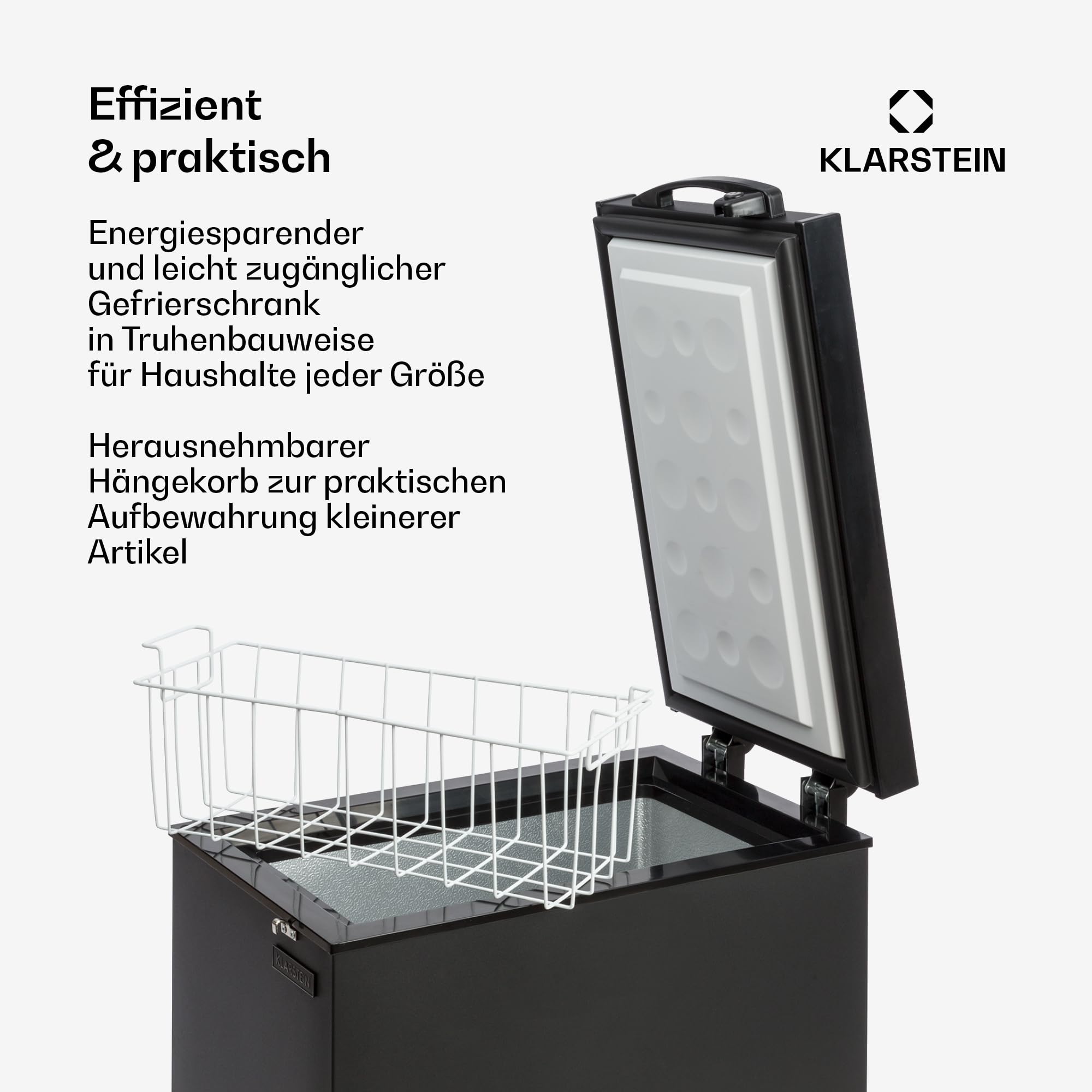 Klarstein Gefriertruhe Klein und Schmal, Freistehende Kleine Gefriertruhe, 51 Liter Tiefkühltruhe, Kleine Kühltruhe mit Einhängekorb, Energieeffiziente Gefriertruhen, Kompakte Tiefkühltruhen