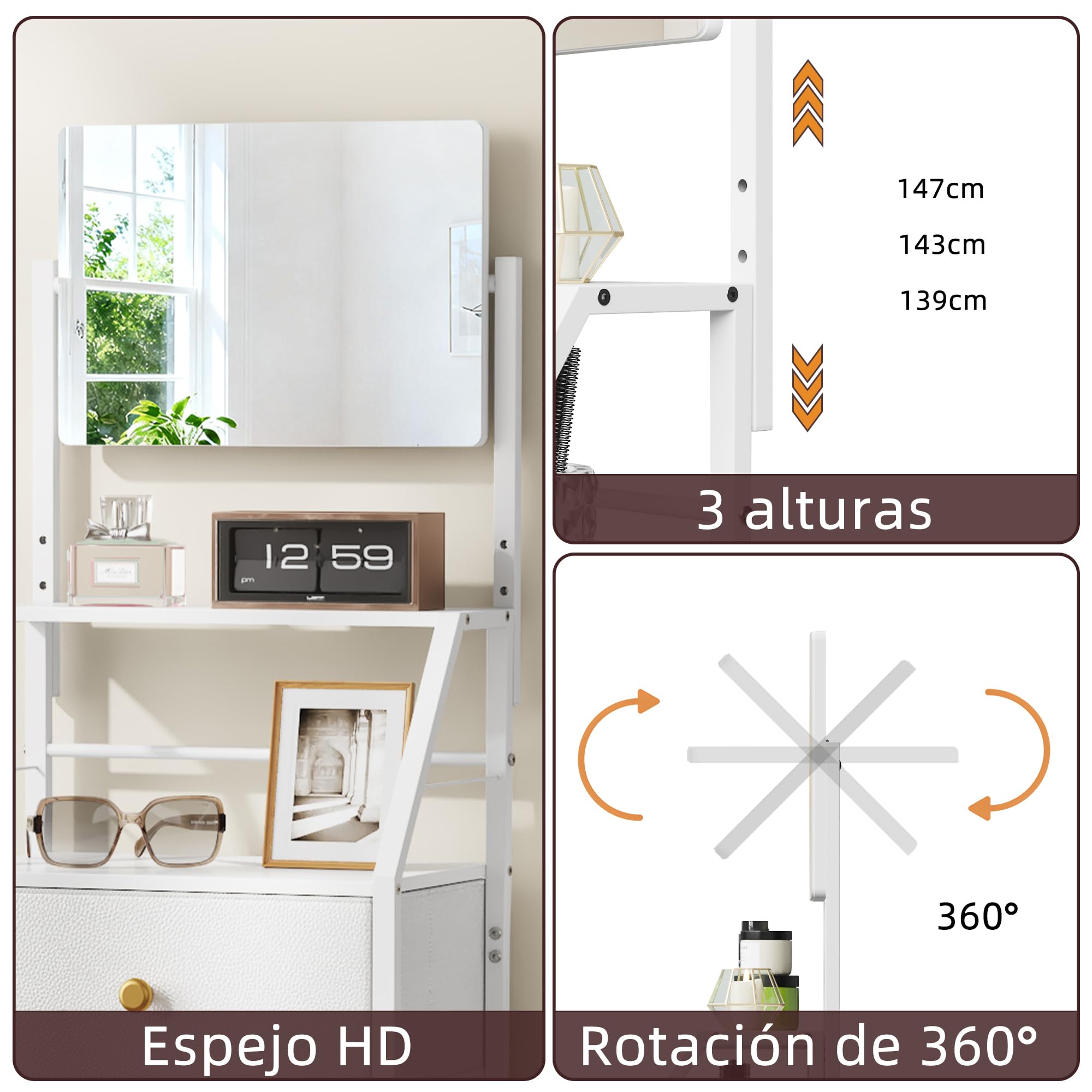 Cómoda Dormitorio con Espejo Ajustable, Cómoda de 4 Cajones de Tela, Sinfonier Dormitorio Alto, Cómoda Alta para Dormitorio, Entrada, Pasillo y Salón, 39 x 28 x 148 cm, Blanco