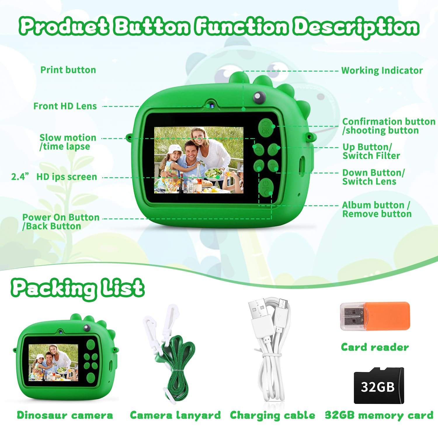 Camara Fotos Infantil Instantanea Dinosaurio, 2,4 Pulgadas Camara Fotos Infantil con Tarjeta de 32G y Papel de Impresión, 1080P Cámara Instantánea para Niños de 3 a 12 Años Regalos Juguete