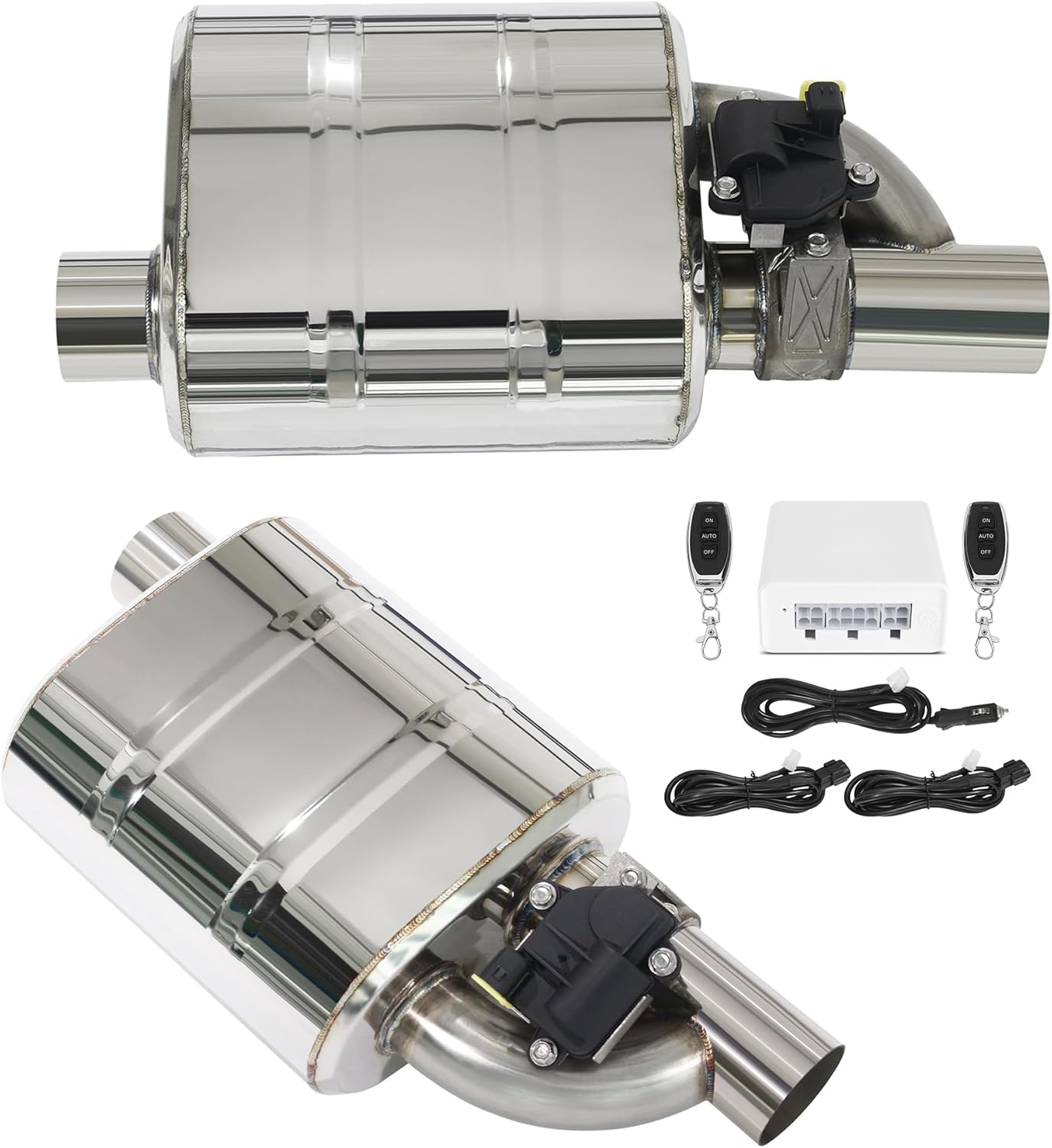 Performance Valvetronic Muffler Kit, Universal Exhaust Mufflers Offset In Offset Out silenciador con válvula (white valve controller, 2.5 in / 63 mm muffler kit)